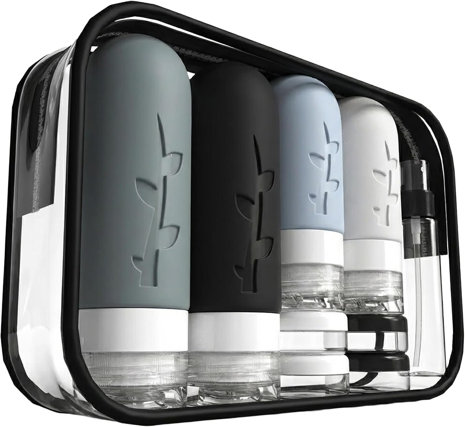 DEPOZA Travel Bottles Kit (16 Pack) – TSA Approved, Leak Proof Silicone Squeezable Containers for Toiletries. Complete Set with Jars, Sprayers & Bag (Black)