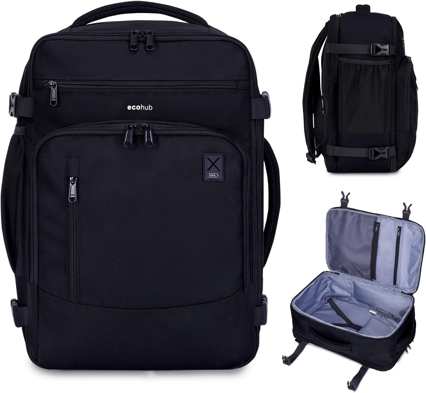 ECOHUB 17″ Small Travel Backpack, United Airlines Personal Item Bag 17x10x9 with 16 Pockets, Water Resistant Rucksacks Fit 15.6″ Laptop, AirTag Pocket, Lightweight Casual Daypack, 25L, Black