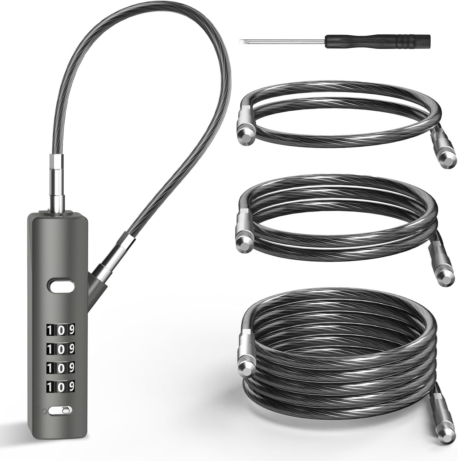 4-Digit Combination Cable Lock with 3 Replaceable Steel Cables for Gate, Bike & Luggage, Resettable Keyless Cable Lock, Grey, 1 Pack