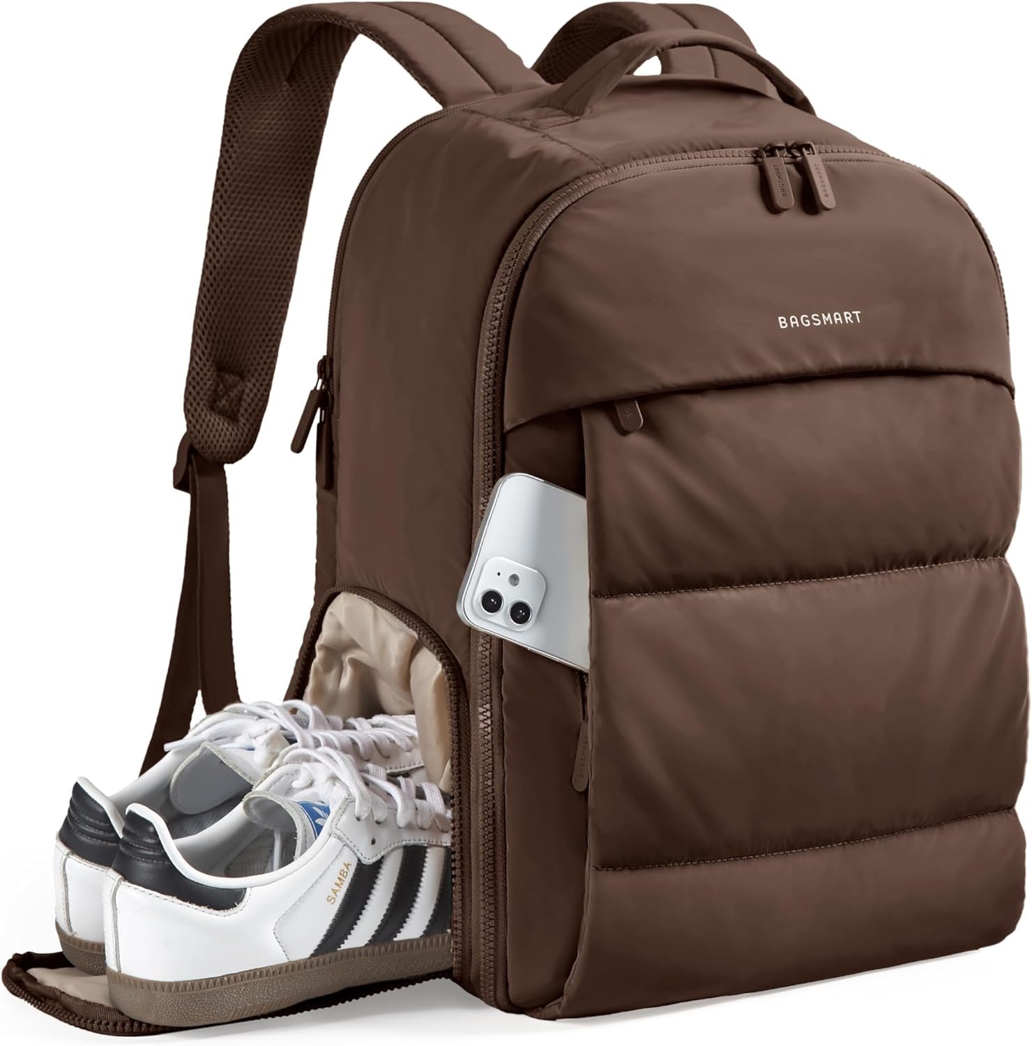 BAGSMART 30L Travel Backpack for Women, Carry on Backpack for Airplanes, Gym Backpack with Shoe Compartment, Lightweight Travel Bag Fits 15.6 Inch, Water-Resistant, Chocolate