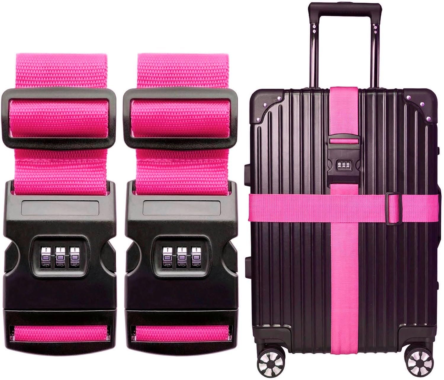 2 PCS Luggage Strap 78″ x 2″ Suitcase Belts Wide Adjustable Packing Straps Travel Accessories, Rose Pink & Combination Lock