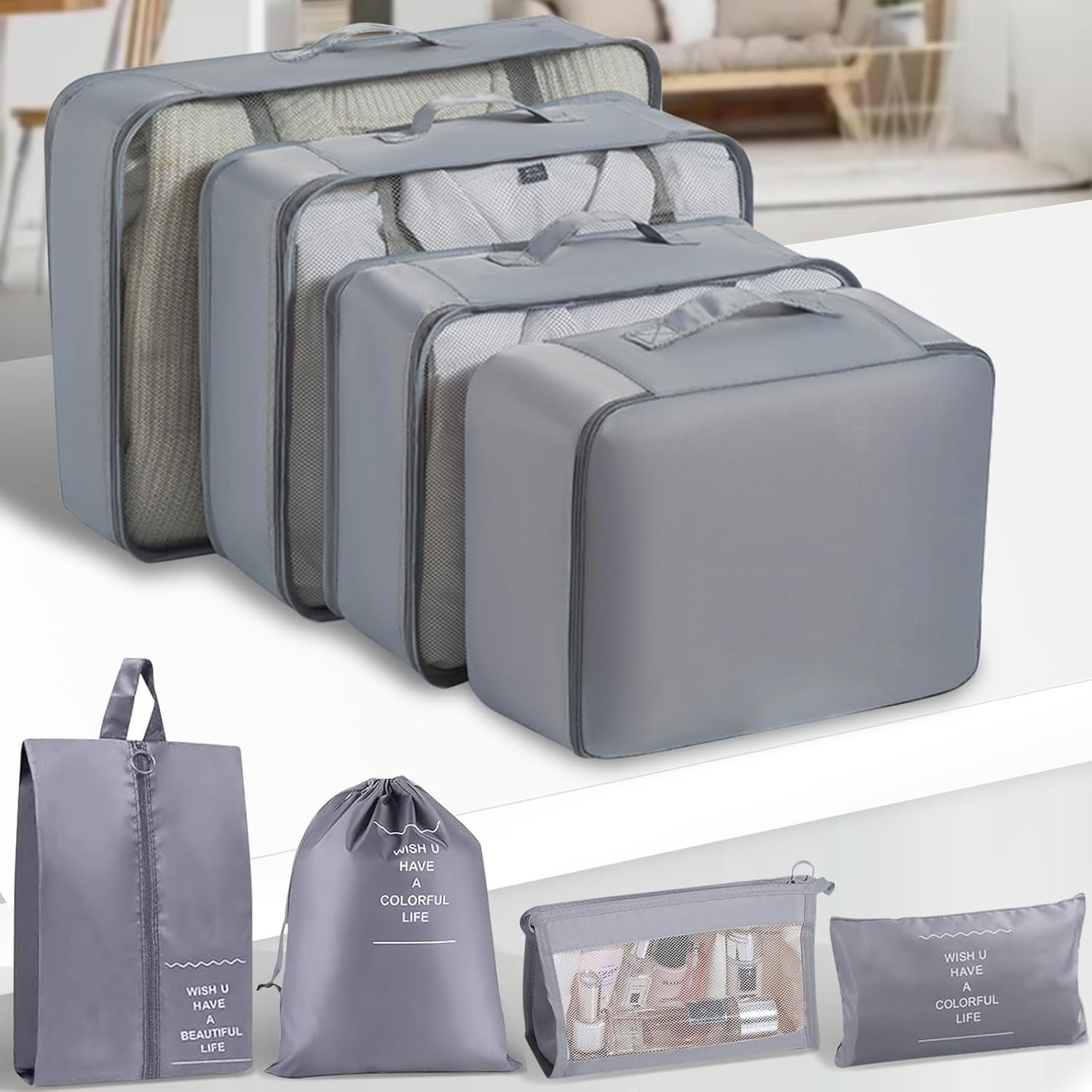Packing Cubes 8 Set Travel Essentials for Carry on Luggage Organizers Bag Packing Cubes for Suitcases Travel Accessories (Grey)