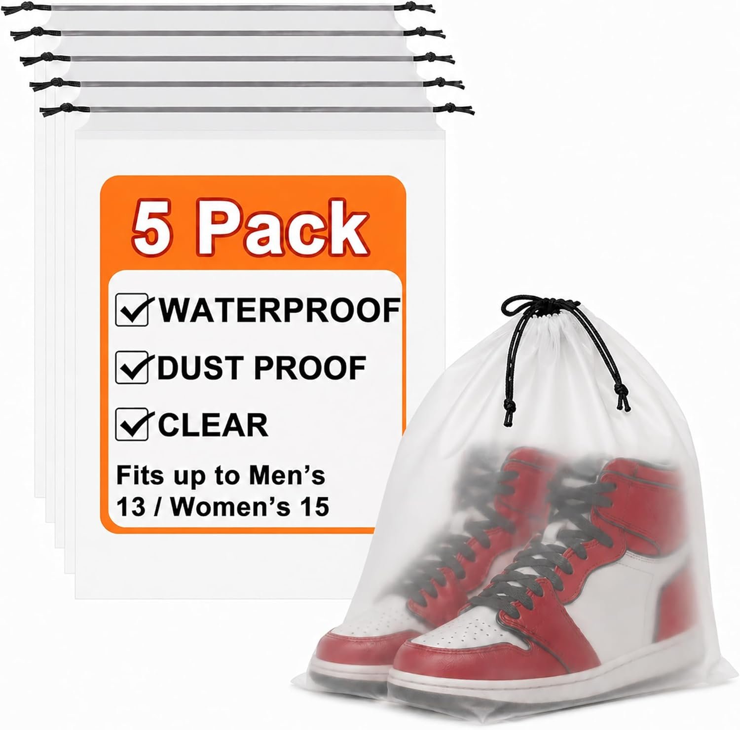 5 Pack Clear Shoe Bags for Travel Essentials, 15.7″×11.8″ PEVA Drawstring, Water-Resistant, Fits up to Men’s 12–13, Reusable Storage for Clothes & Toiletries, Keep Luggage Tidy & Odor-Free