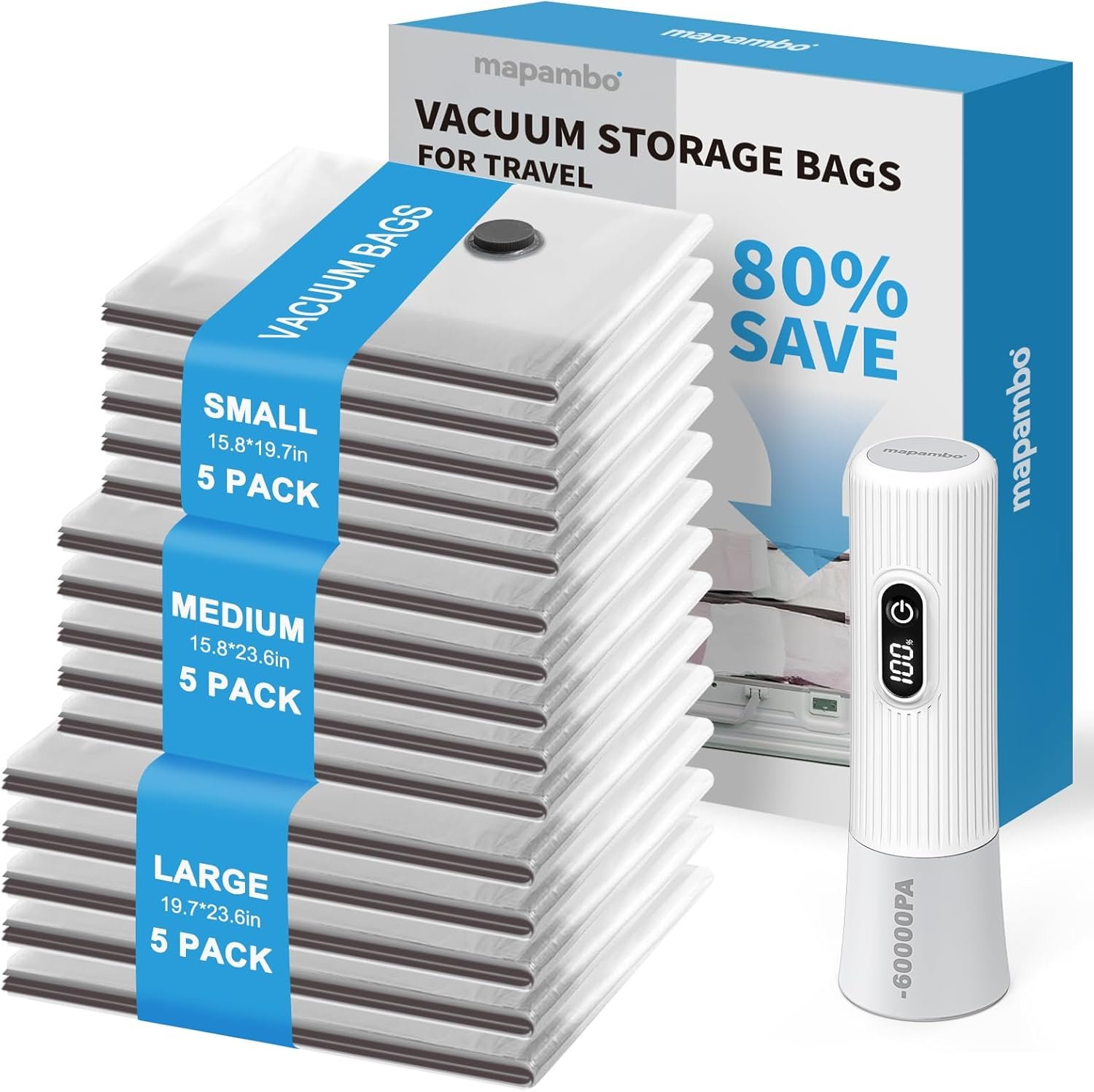 Mapambo Travel Vacuum Bags with -60000Pa LED Electric Pump, 15 Pack Vacuum Seal Bags for Clothing Travel in 3 Combo sizes, Space Saver Vacuum Storage Bags, Saving up to 80% of Space (15 Combo-Size)