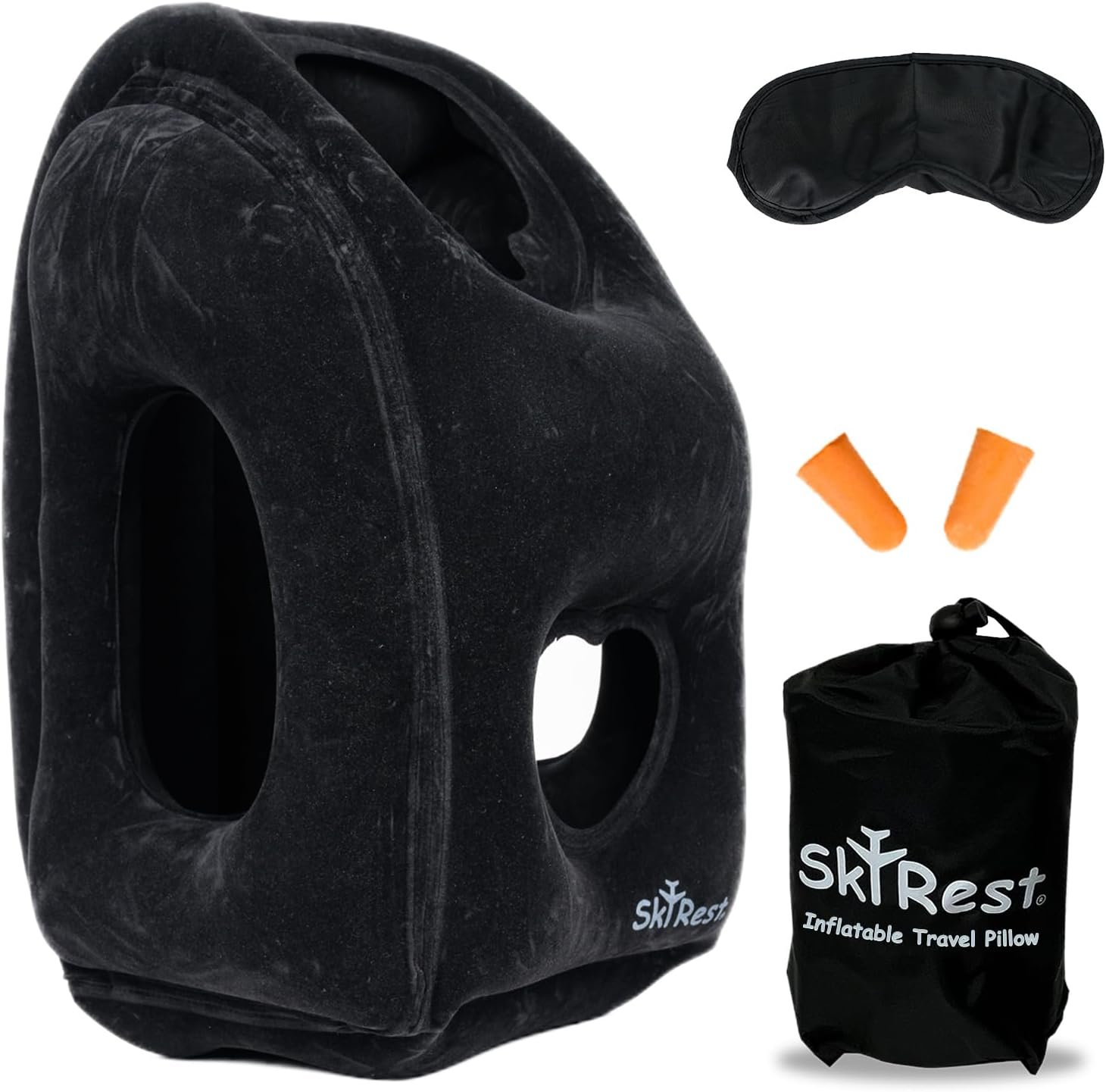 Inflatable Travel Pillow – Airplane Pillow for Neck Support on Long Flights, Buses, Cars, Office & Trains – Comes with Eye Mask, Earplugs & Portable Drawstring Bag – Black