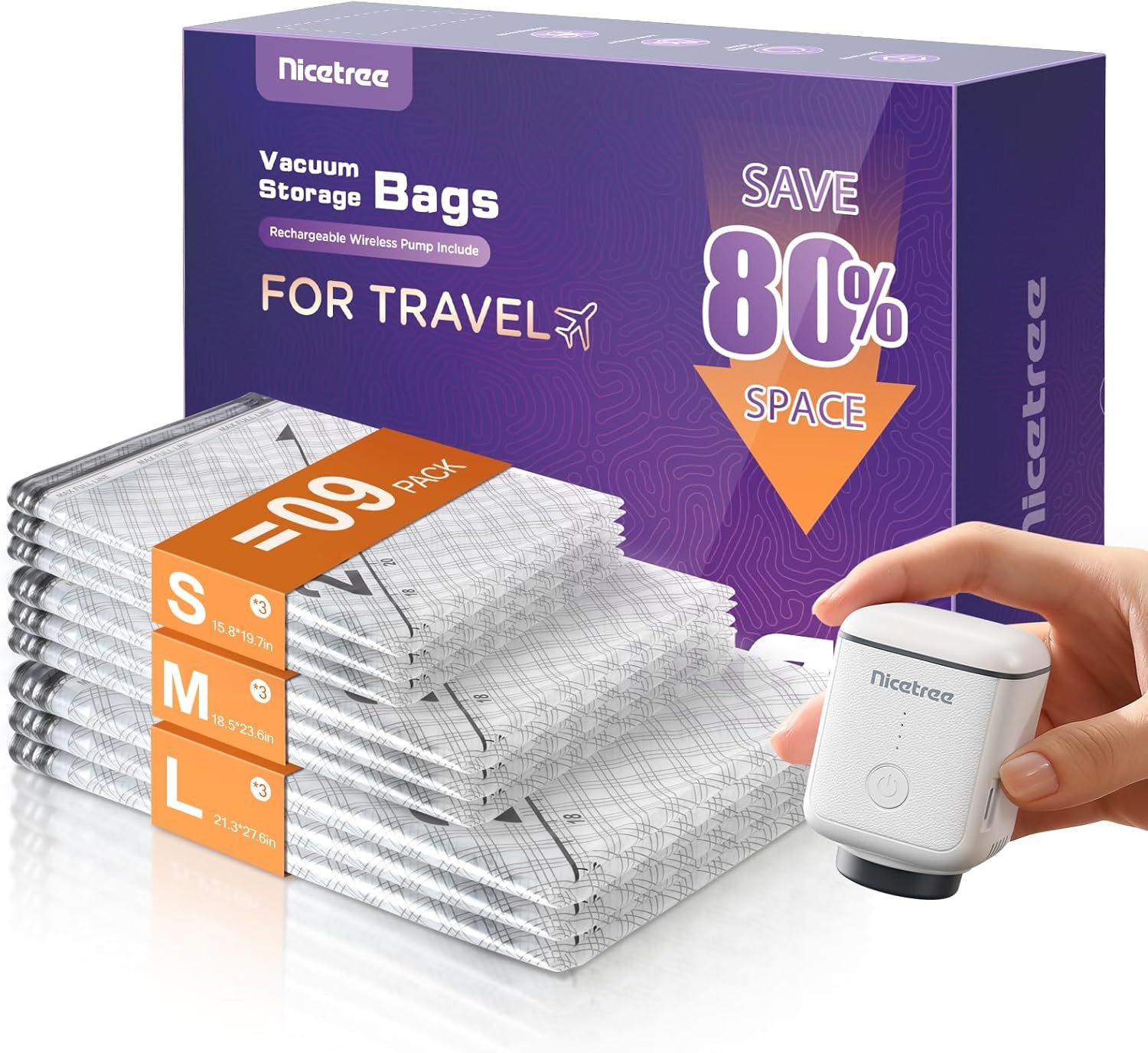 Nicetree 9-Pack Vacuum Bags for Travel with Rechargeable Pump, Compression Packing Bags for Carry-On Luggage & Suitcase, Vacuum Seal Bags for Clothing, 3 Sizes for Travel & Home Storage