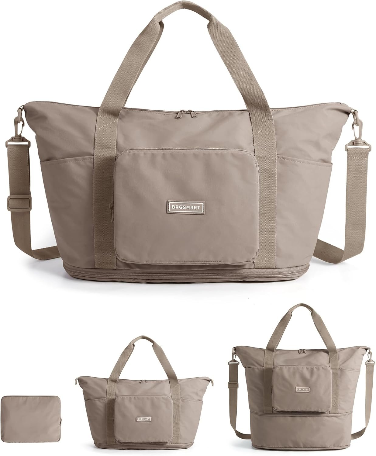 BAGSMART Foldable Travel Bag, 37L Expendable Personal Item Bag, Lightweight Weekender Bags for Women, Water Resistant Extra Carry on for Travel, Camel