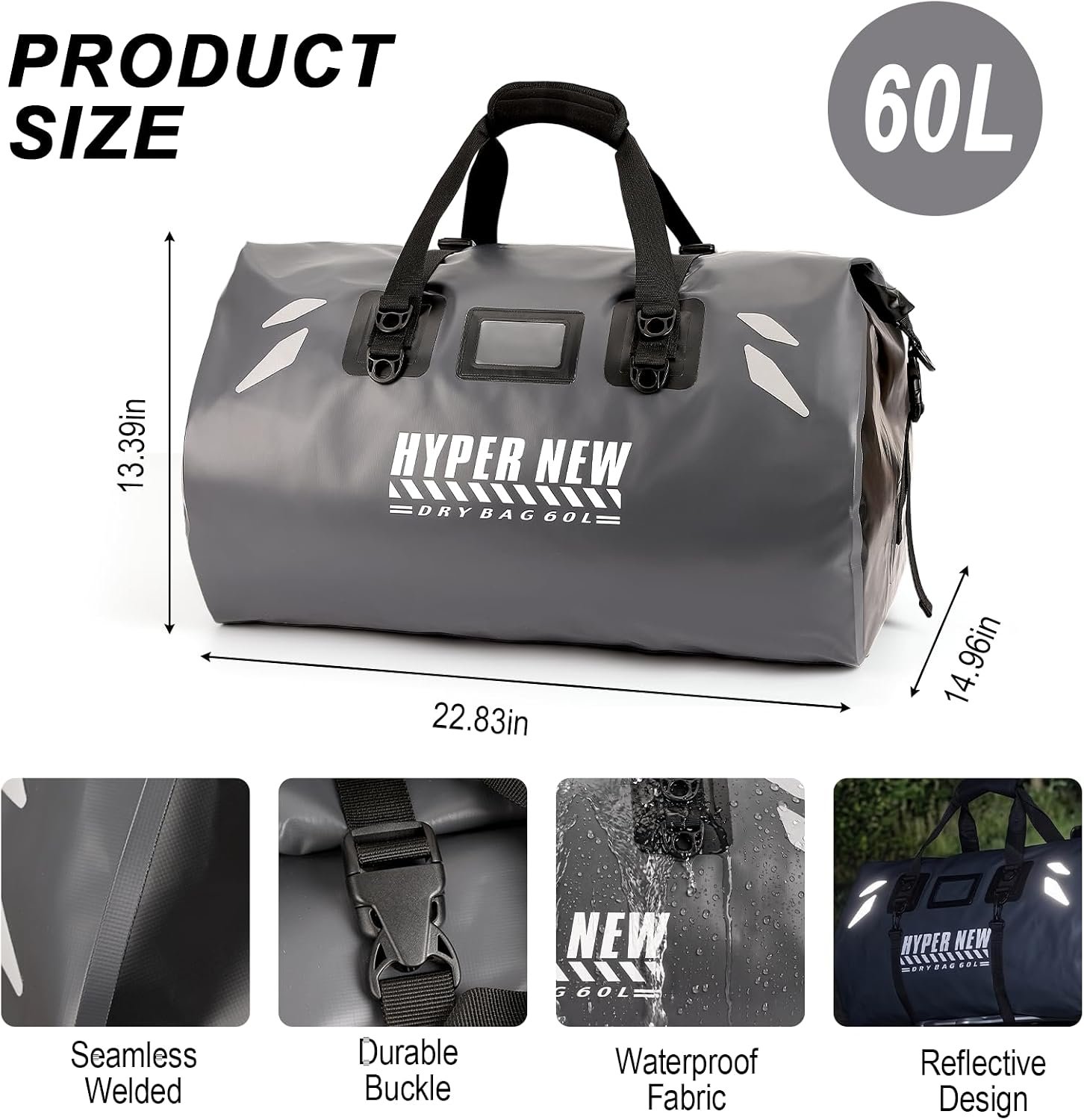 60L Waterproof Dry Bag，Large Waterproof Duffel Bag for men women | Roll Top Dry Sack, fully waterproof，500D PVC，With Straps, Travel, Camping, Motorcycle, Fishing, Water Sports