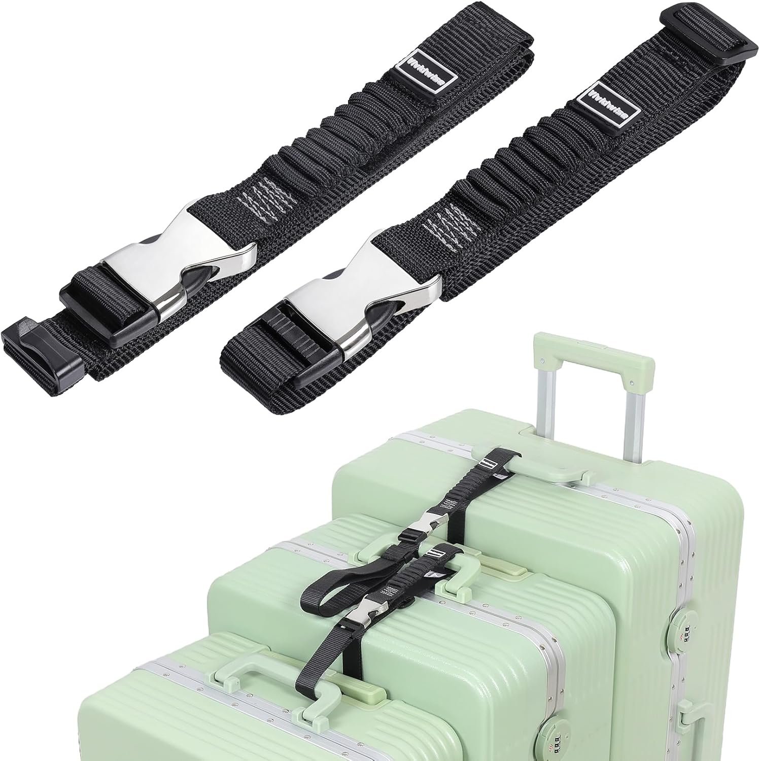 Luggage Straps, Stretchable Luggage Connector Straps for Suitcases, Metal Buckle Add A Bag Adjustable Attachment Accessories Belts (Black-Metal Buckle, 1″ W)