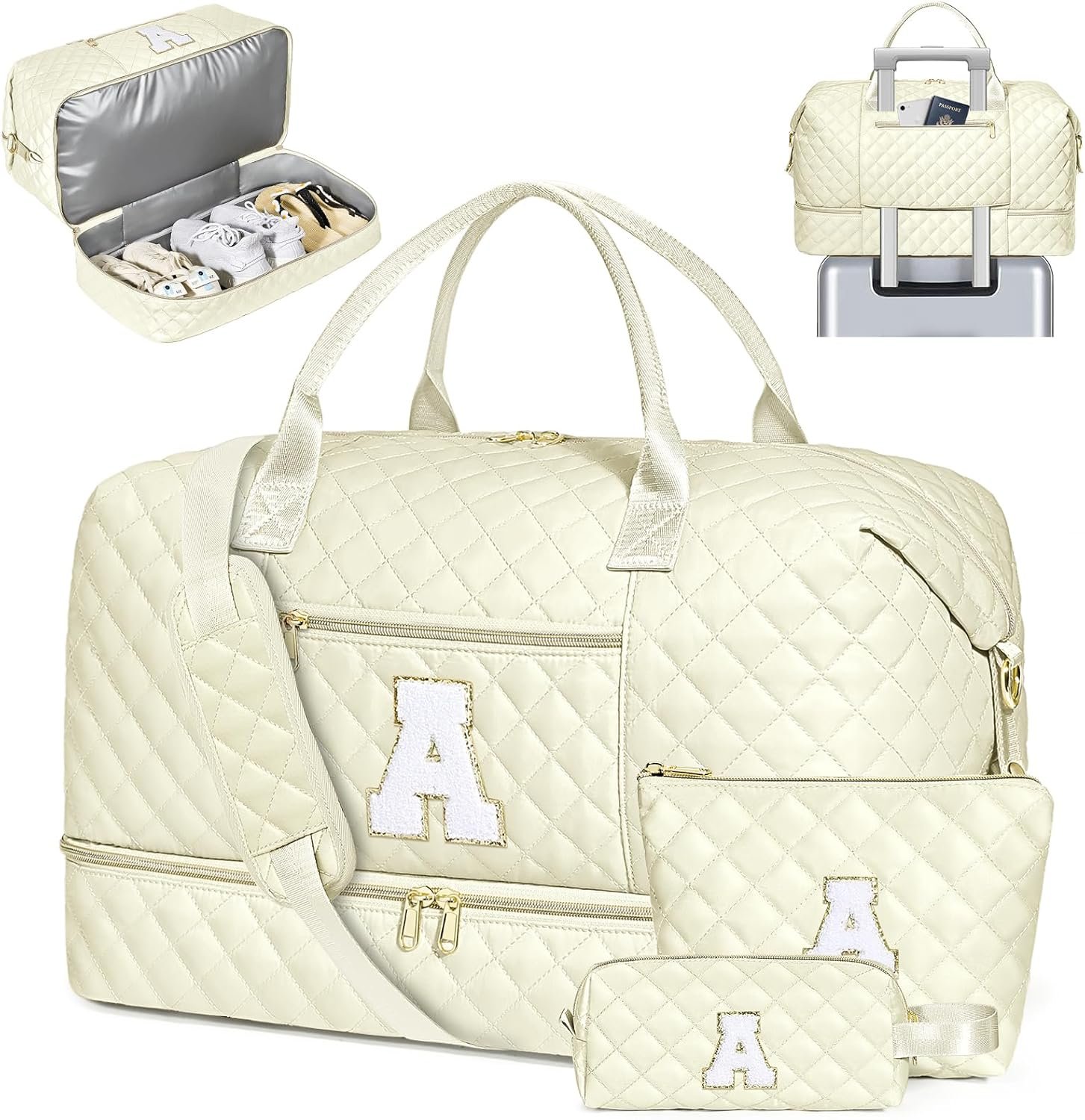 Graduation Birthday Gift for Her Women, Personalized Initial Travel Duffle Bag Quilted Weekender Carry On Overnight with Cosmetic Toiletry Bag, Gym Dance Bag with Shoe Compartment for Girls Teen Kids