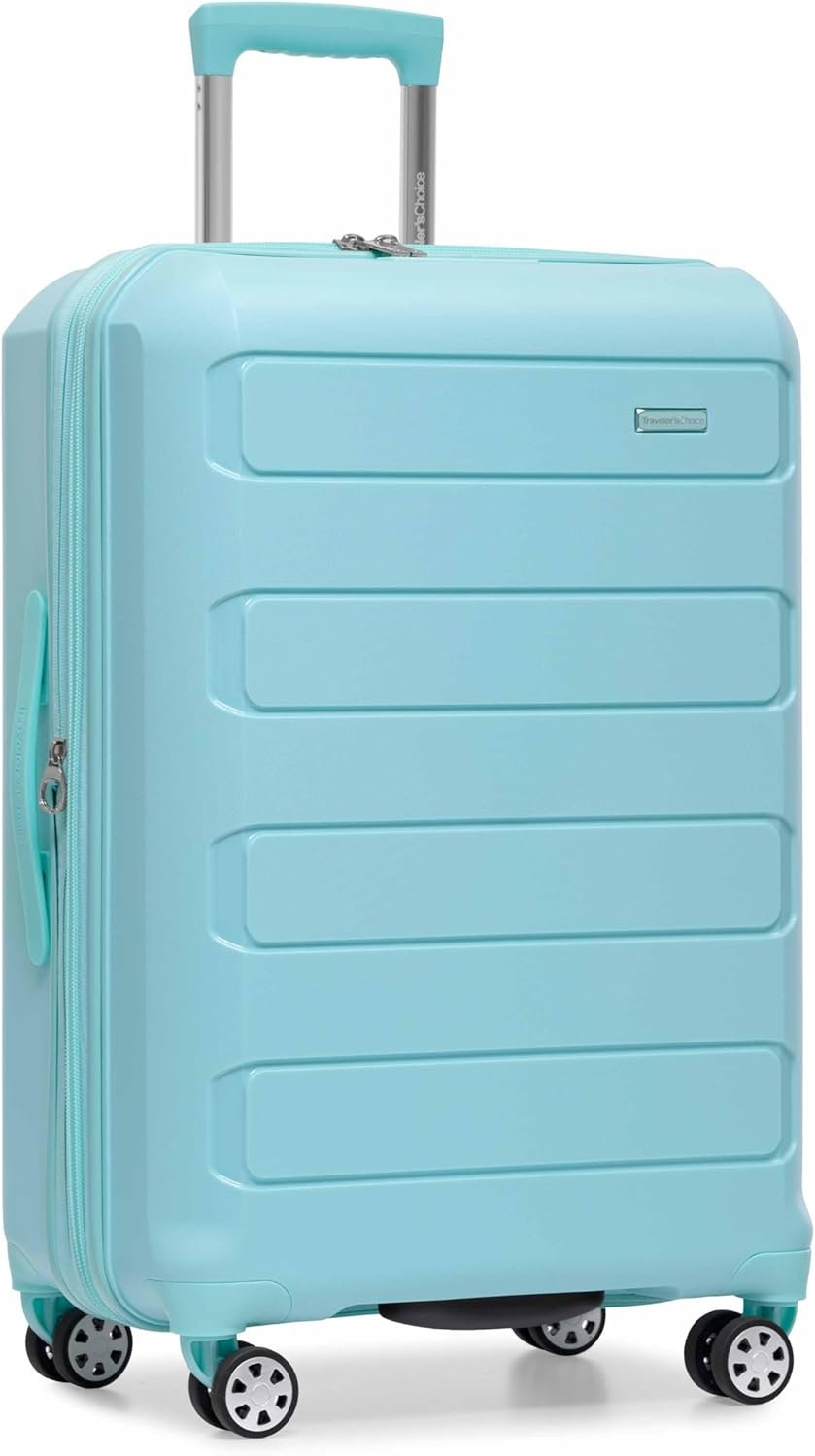 Traveler’s Choice Pagosa Hardshell Expandable Luggage with Spinner Wheels, Baby Blue, 26-Inch Medium