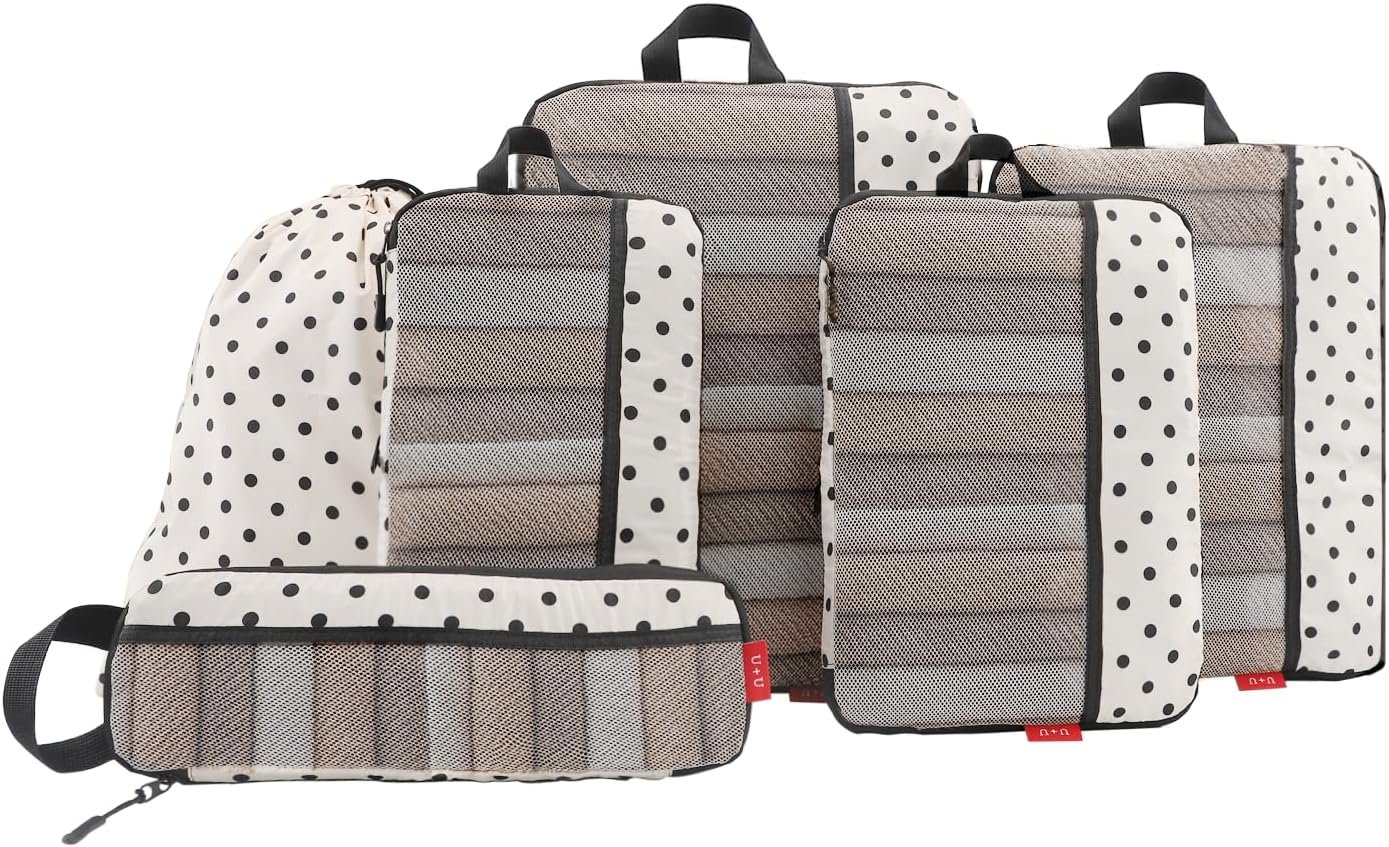 U+U 6 Set Compression Packing Cubes – Ultralight Travel Organizers with Laundry Bag, Space-Saving Suitcase Organizer, Expandable Packing Cubes for Travel, Business Trip and Family Vacation (Polka Dot)