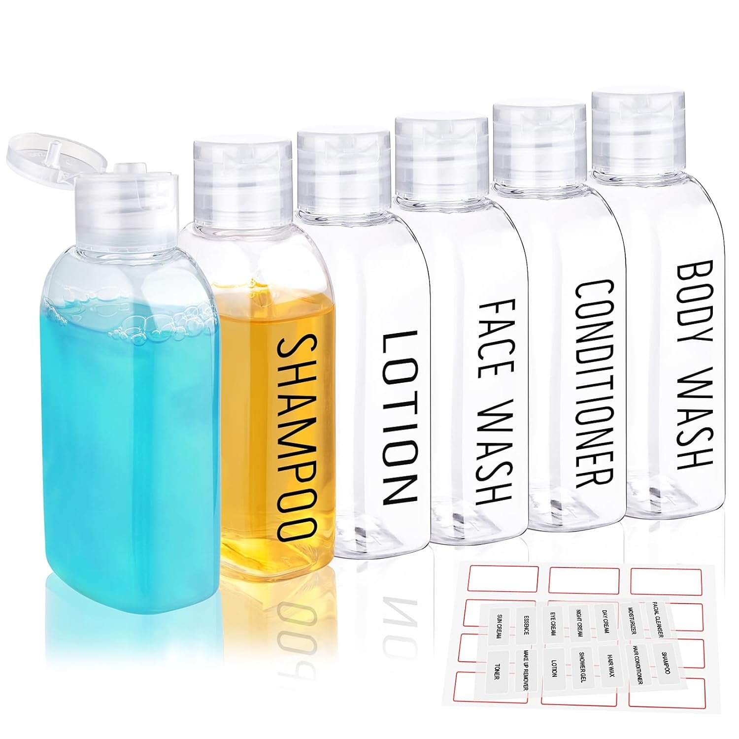 Travel Bottles for Toiletries, 6 PCS 3.4oz/100ml TSA Approved Leak Proof Travel Size Containers, Plastic Lotion Bottles with Flip Cap, Printed Directly on the Bottle for Shampoo & Lotion (Clear)