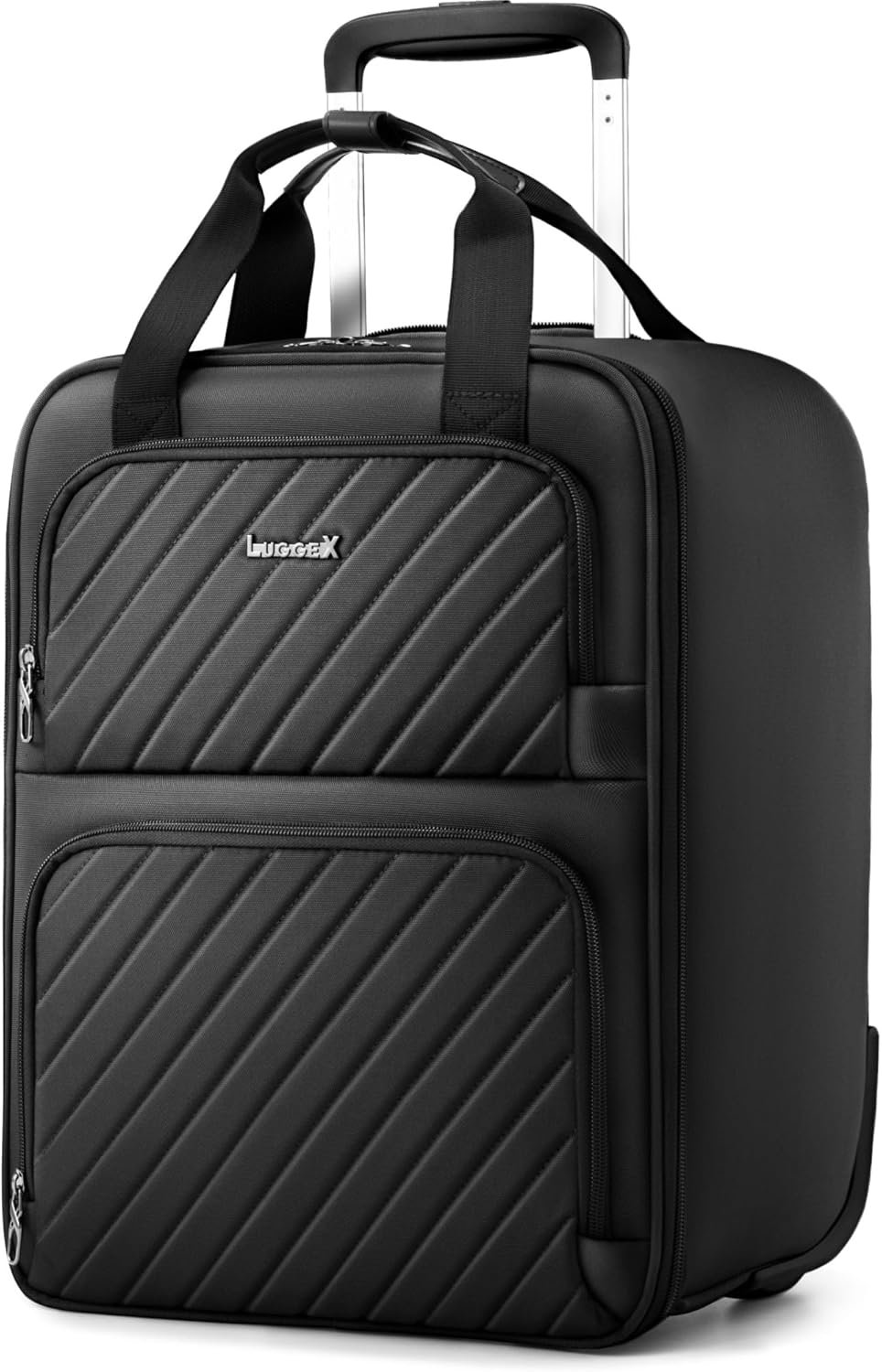 LUGGEX Underseat Carry On Luggage with Wheels, UDK-Plus Large-Capacity Lightweight Soft Sided Personal Item Suitcase for Short Trips (UX-Core, Black, 16 Inch)