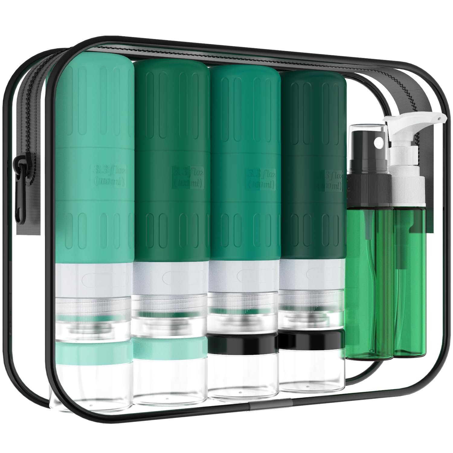 GLAMFIELDS Travel Bottles for Toiletries,TSA Approved 3.3oz Size LeakProof Silicone Toiletry Containers for Shampoo, Conditioner,Easy to Squeeze，Portable Travel Essentials for Lotion(18 Pack) Green
