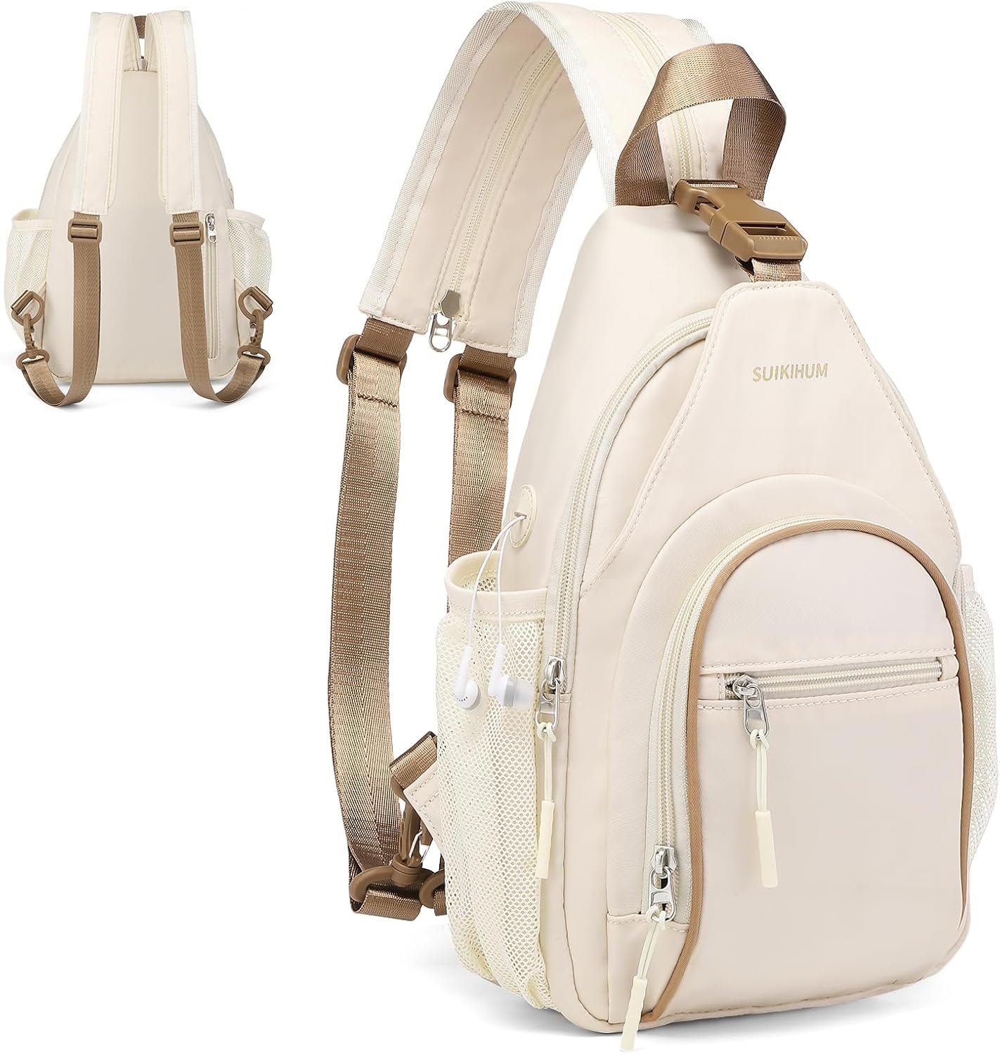 Crossbody Sling Bag with Water Bottle Holder, 8.3″ Convertible Small Backpack Anti Theft Daypack, Chest Fanny Pack for Men Women, Beige