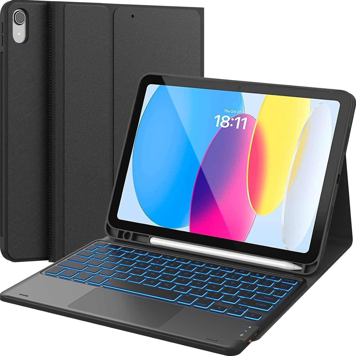 CHESONA for iPad A16 Case with Keyboard, 7 Color Backlight, Multi-Touch Trackpad, Flip Stand Case with Pencil Holder, 2 Wireless Channels for iPad (A16) 11th/10th Gen (2025/2022), Black