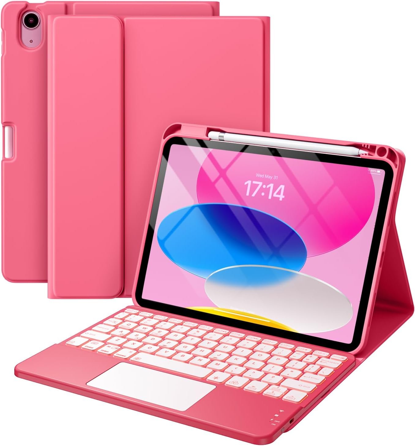 Harvopu Compatible for iPad 11th 10th Generation Case with Keyboard, Folio Cover with Pencil Holder, Multi-Touch Trackpad, 7 Color Backlit, Detachable Keyboard for iPad (A16) 11th/10th Gen (Pink) | with Pencil Holder