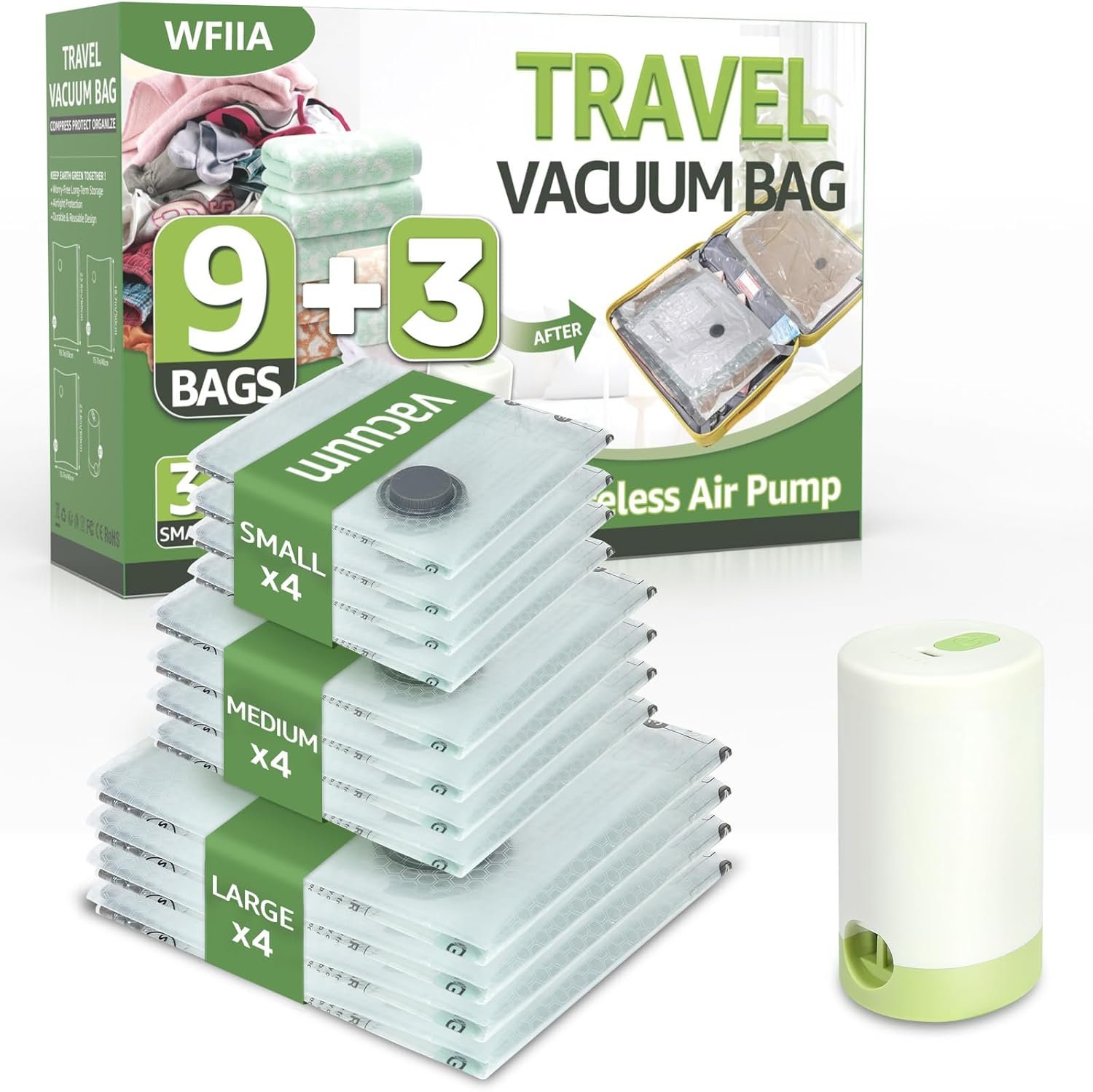 12 Packs Vacuum Bags for Travel with Rechargeable air Pump, 3 Sizes Vacuum Seal Bags for Clothing, Space-Saving Compression Storage Bags for Travel & Closet Organization