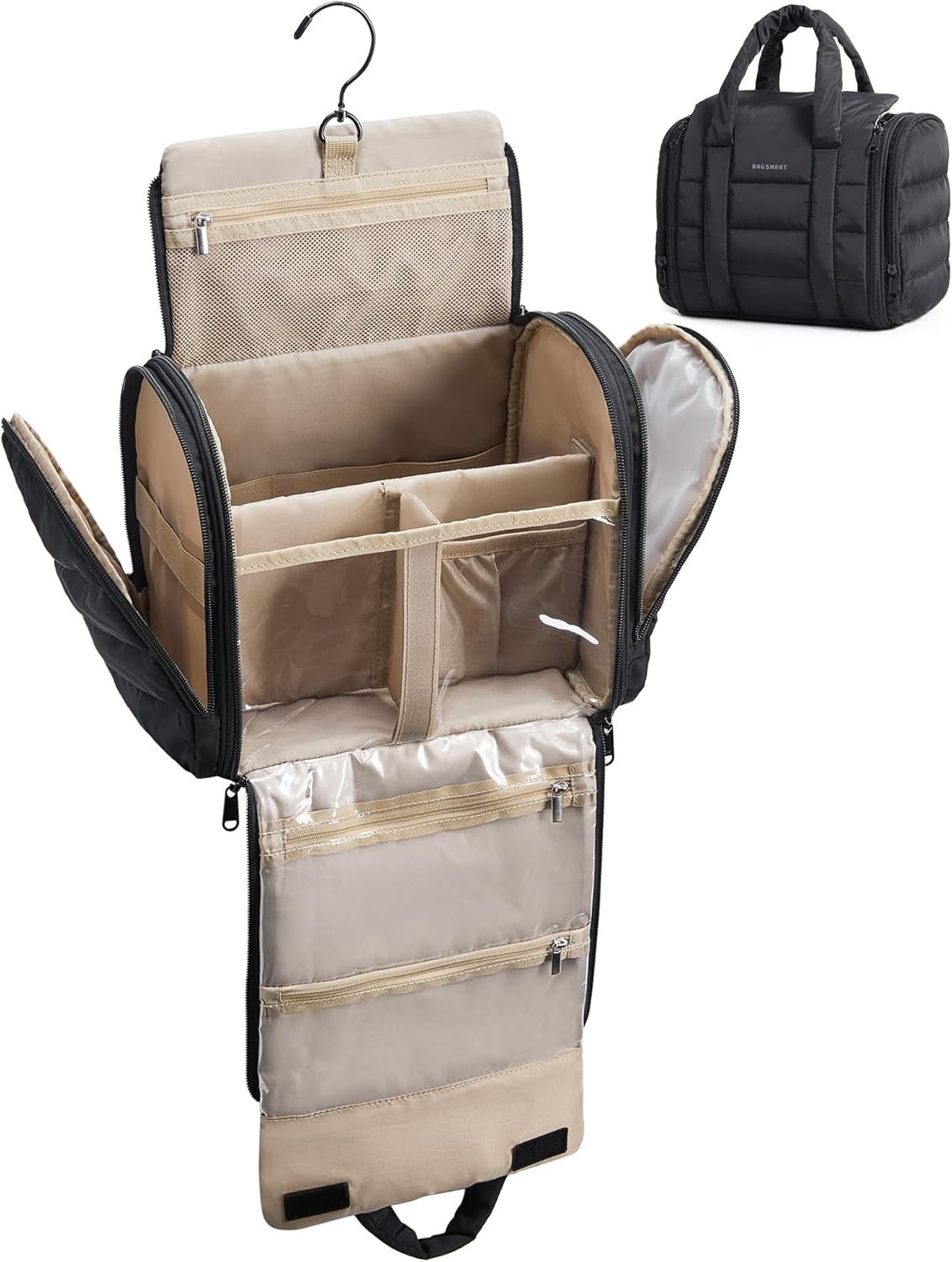 BAGSMART Travel Toiletry Bag with Removable Partition, Puffy Water-resistant Fabric Hanging Organizer for Full-Size Toiletries, Accessories, Black