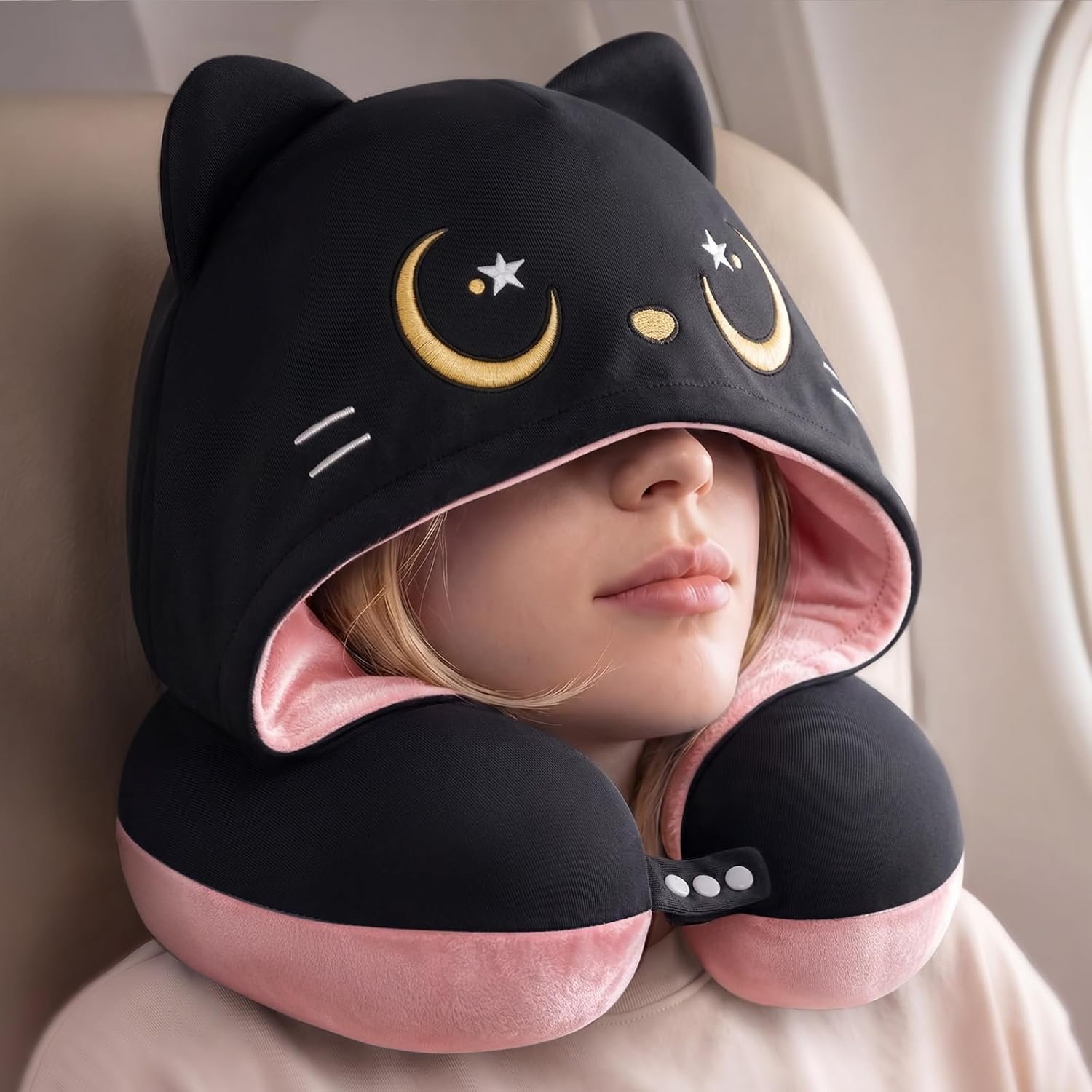 Mewaii Travel Neck Pillow with Hood for Airplanes,Memory Foam,Breathable Ice Silk & Soft Velvet,Double-Sided,Removable to Clean,Adjustable Strap,Portable Travel Pillow for Long Flights Adults & Teens
