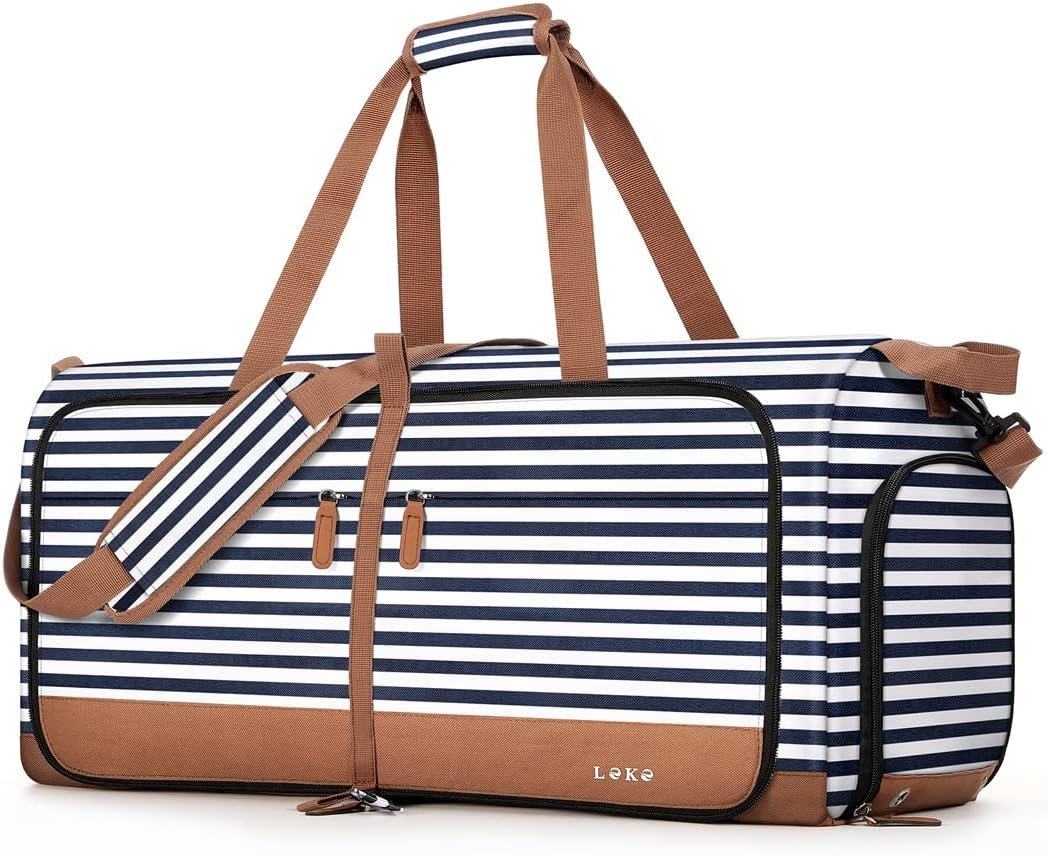 Lekesky Foldable Travel Duffle Bag for Women, 80L Large Duffel Bag with Separate Shoes Compartments & Straps, Carry On Weekend Bag for Women, Hospital, Overnight (Blue Stripes)