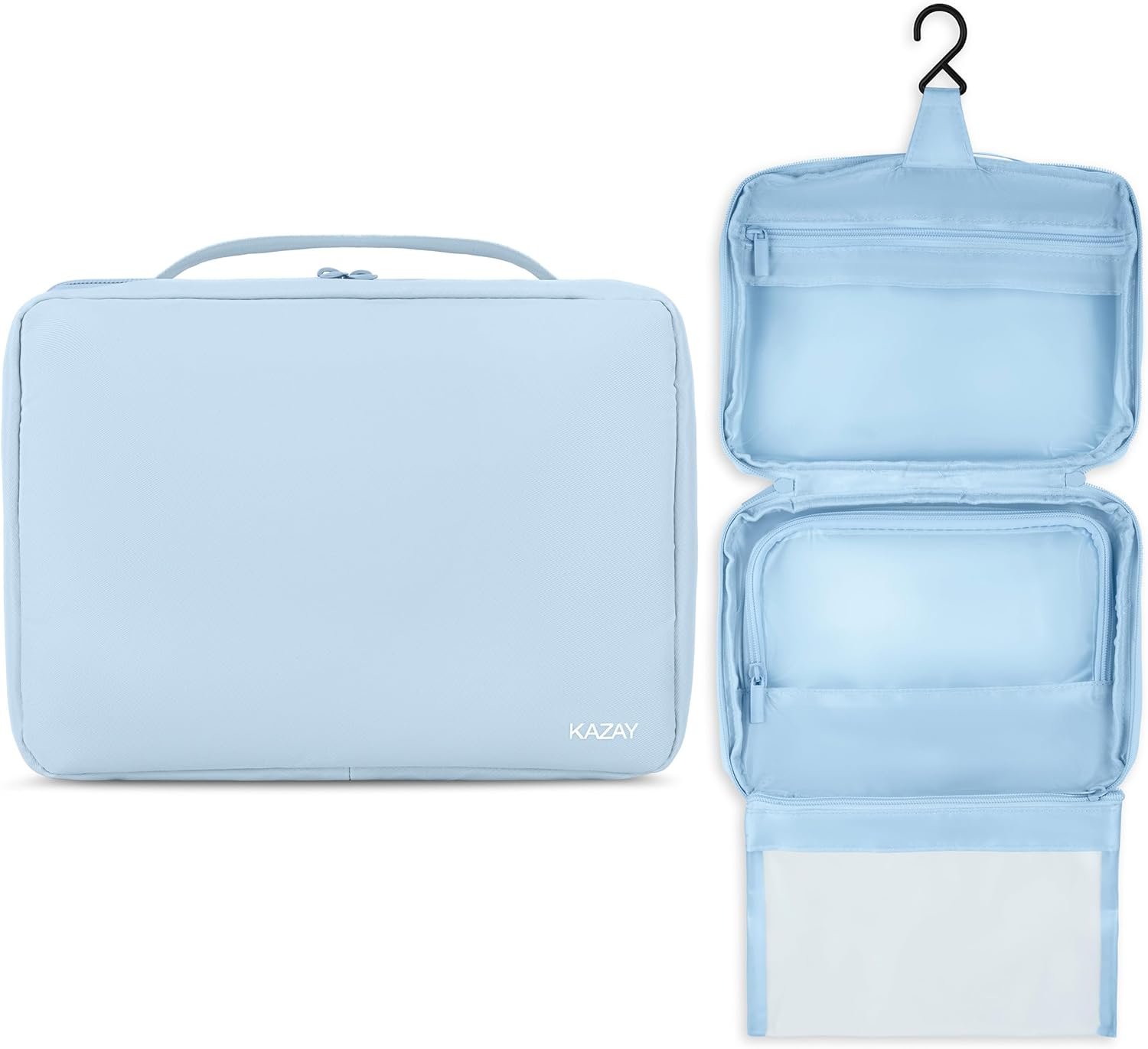 KAZAY Hanging Toiletry Bag with TSA Approved Detachable Pouch, Compact Travel Size Bag, Travel Toiletry Bag, Water Resistant, Premium Nylon, Travel Size Toiletries, Cosmetic Makeup Bag (Light Blue)