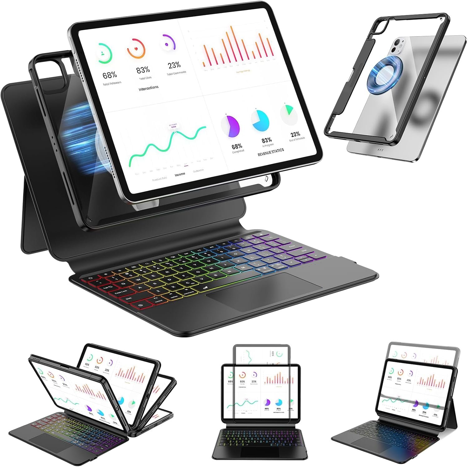 Clear Splitfolio Keyboard Case for iPad Air 13 Inch (M3/M2, 2025/2024) & iPad Pro 12.9 inch (6th/5th/5th/3rd), 7-Color Backlit & Multi-Touch Trackpad, Rotatable & Liftable w/Stand, Black