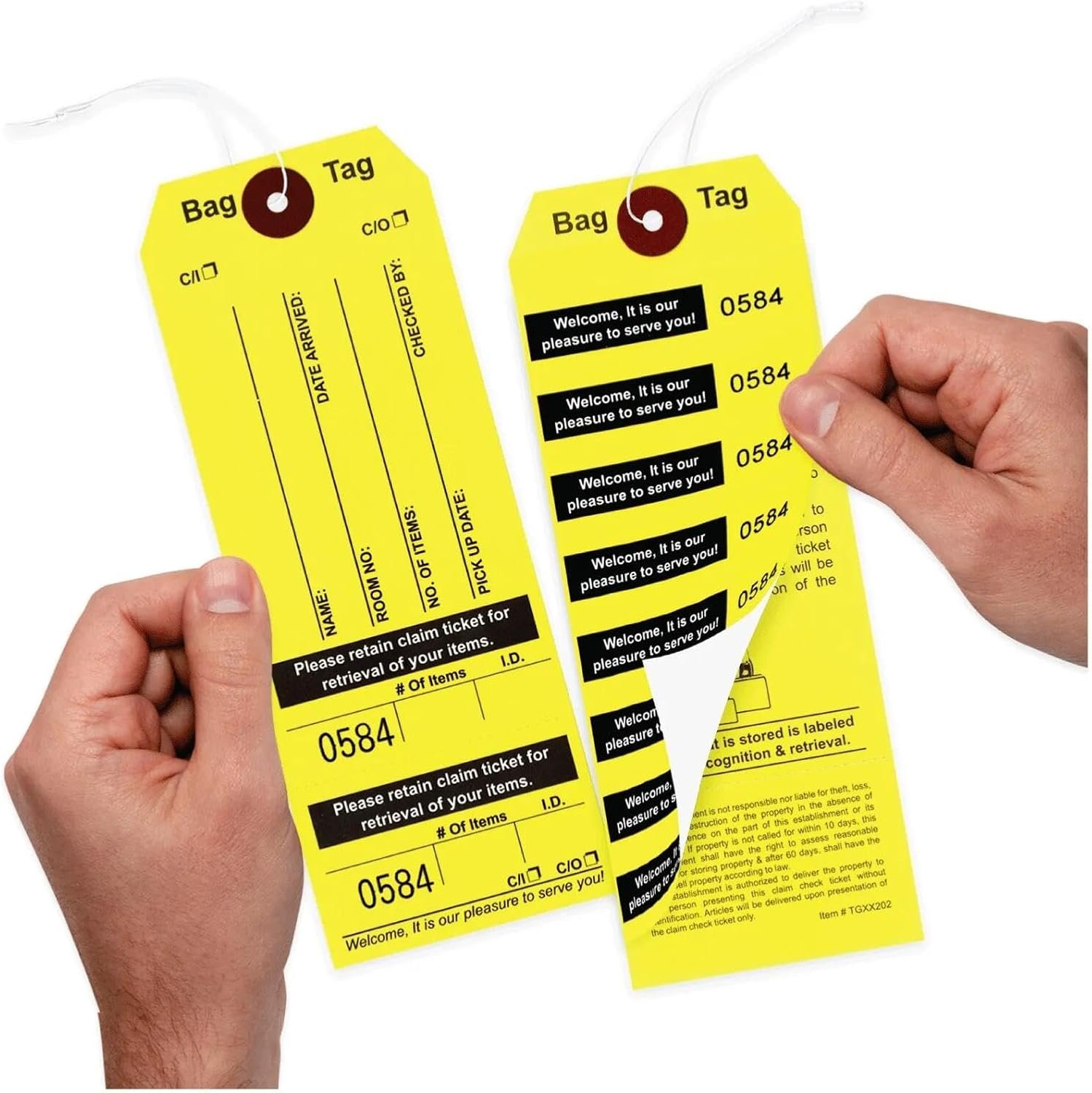 1000 Yellow Bag Claim Check Tags with Elastic String, Printed in Black Ink with 8 Labels & Matching Numbers for Multiple Bags. Hotel Bag Tags for Organizing Luggage. Size: 6 3/4″ (H) x2 1/2″ (W).