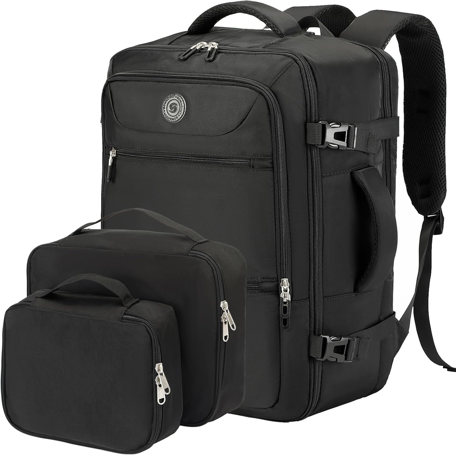 SHRRADOO Travel Backpack for Women & Men,Airline Approved Carry On Luggage,TSA Overnight Bags,40L Personal Item Travel Bag fits 17″ Laptop,Carry on Bag with Storage Bag Cosmetic Bag Set 3pcs (Black)