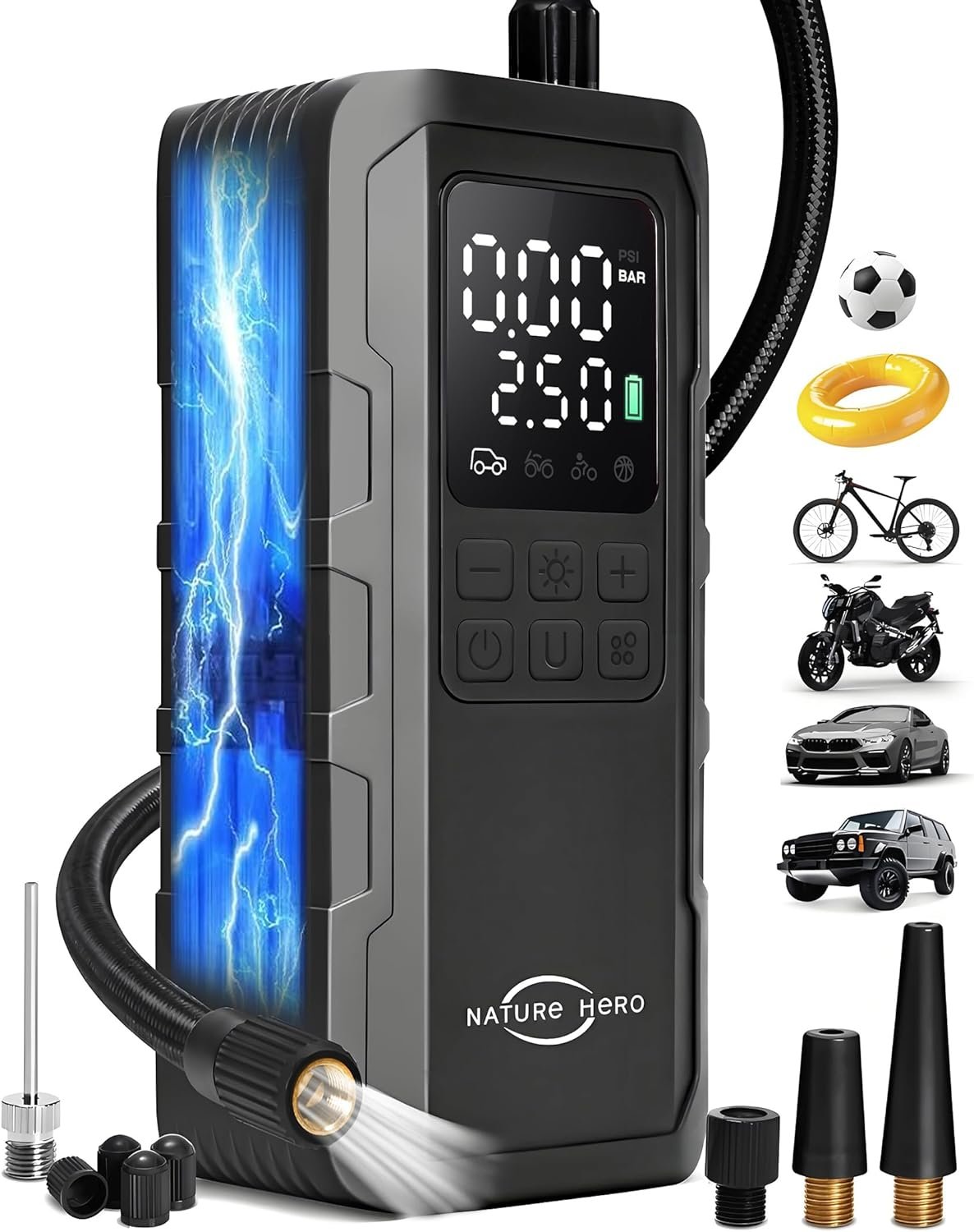 Tire Inflator Portable Air Compressor – 7500mAh Air Pump for Car Tires, 150PSI Cordless Tire Pump with Pressure Gauge & LED Lights – 3X Faster for Car, Motorcycle, Balls and Bicycle, Black