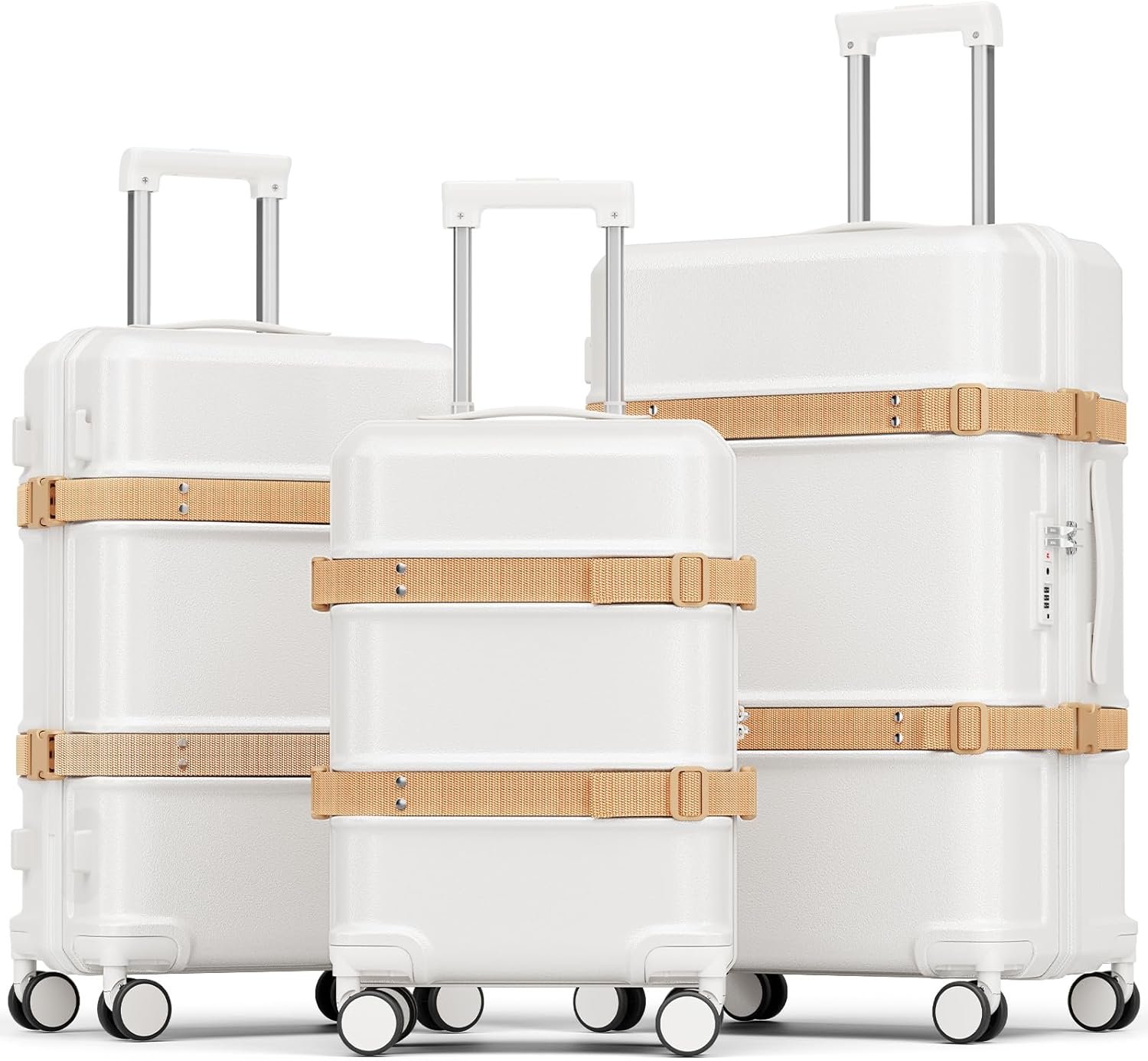 Joyway Durable Luggage Sets, 3 Piece PC+ABS Hardshell Suitcases with 2 Exterior Straps, Expandable 20 Inch & 24/28 Inch Travel Set with Spinner Wheels, TSA Lock, YKK Zipper, White
