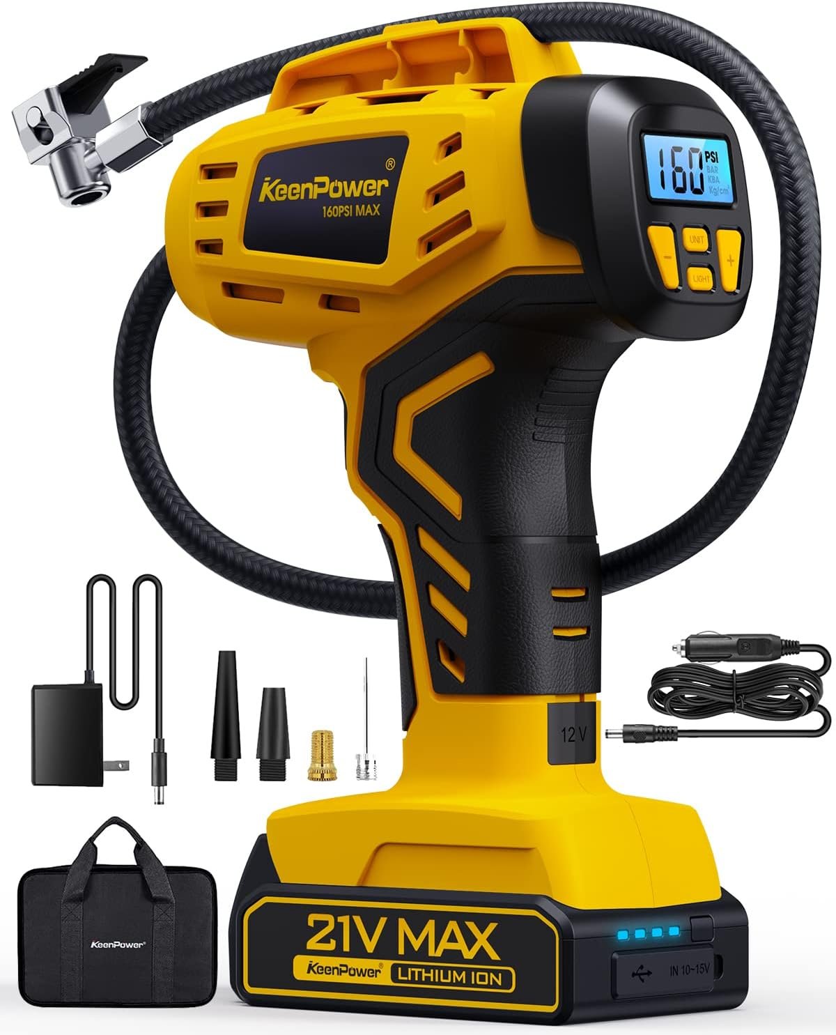 KeenPower Tire Inflator Portable Air Compressor – Super Fast – 21V Rechargeable Battery Powered Handheld 160PSI Tire Inflator, Dual Power Supply Modes, Portable Air Pump for Car Motorcycle E-Bike