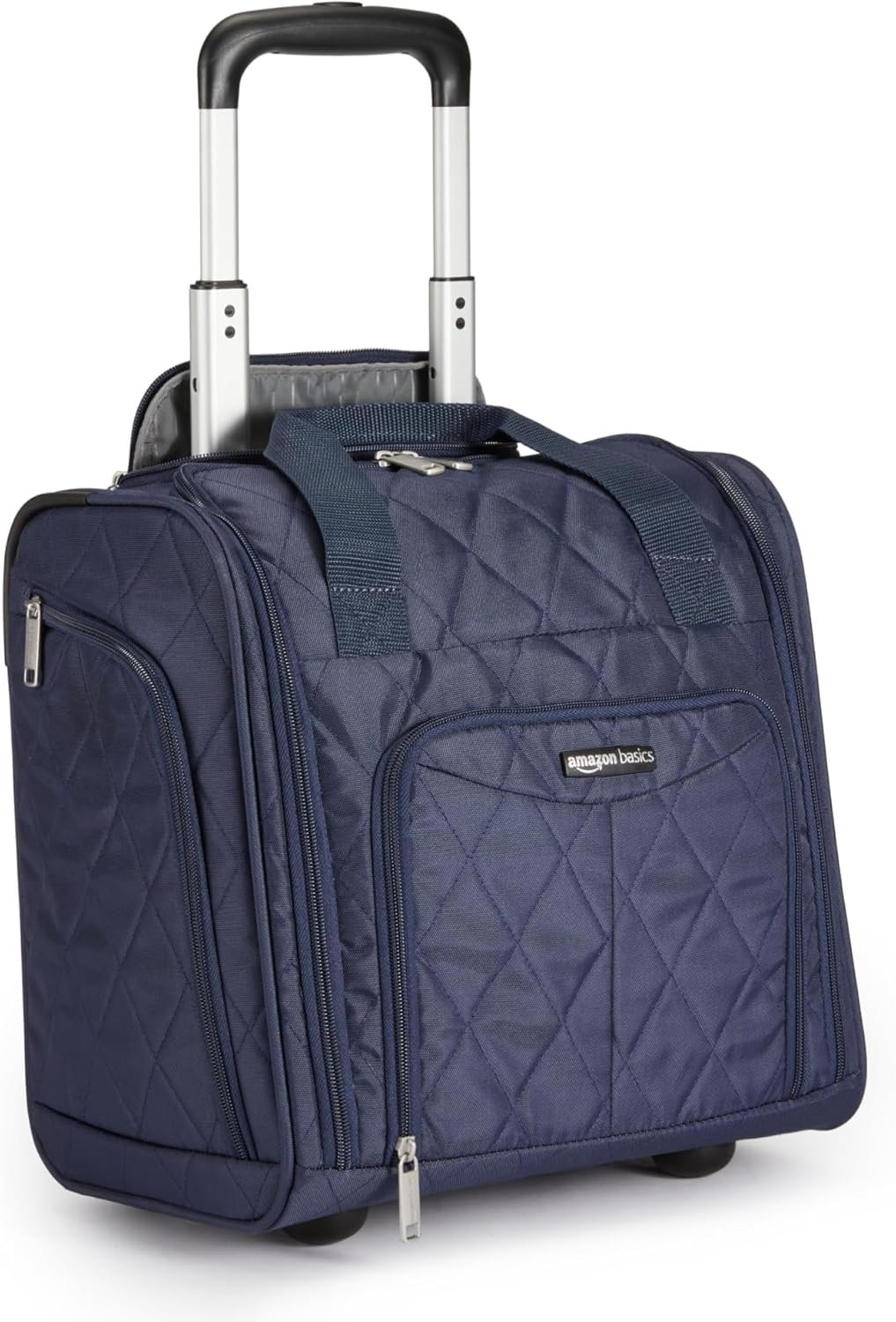 Amazon Basics Underseat Carry-On Luggage with Wheels, 14″ Rolling Travel Bag, Fits Under the Seat with Multiple Pockets and Compartments, Navy Quilted