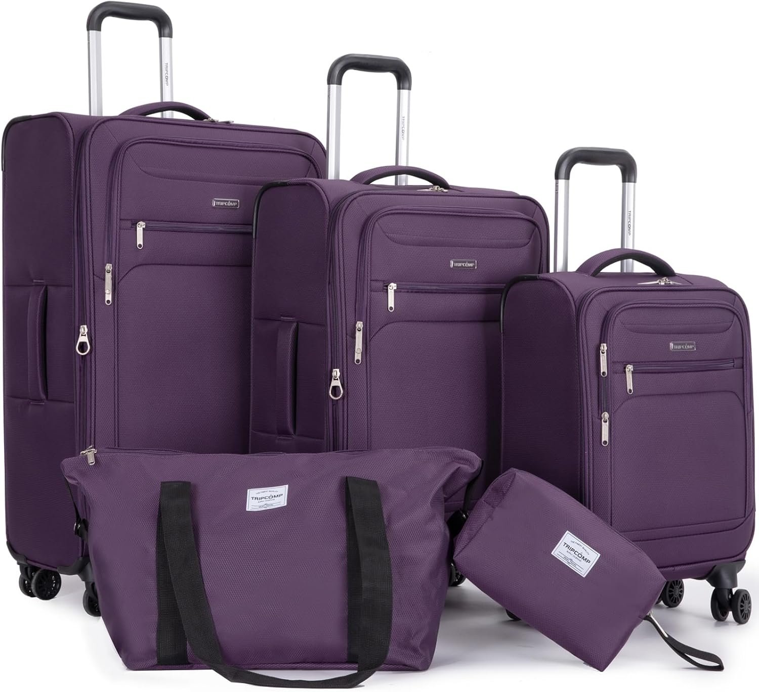 Tripcomp Luggage Sets 5 Piece Softside Expandable Suitcase sets With Spinner Wheels Duffel Bag And Toiletry Bag, Lightweight Carry-On And Checked Luggage (19″ 23″ 27″), Purple