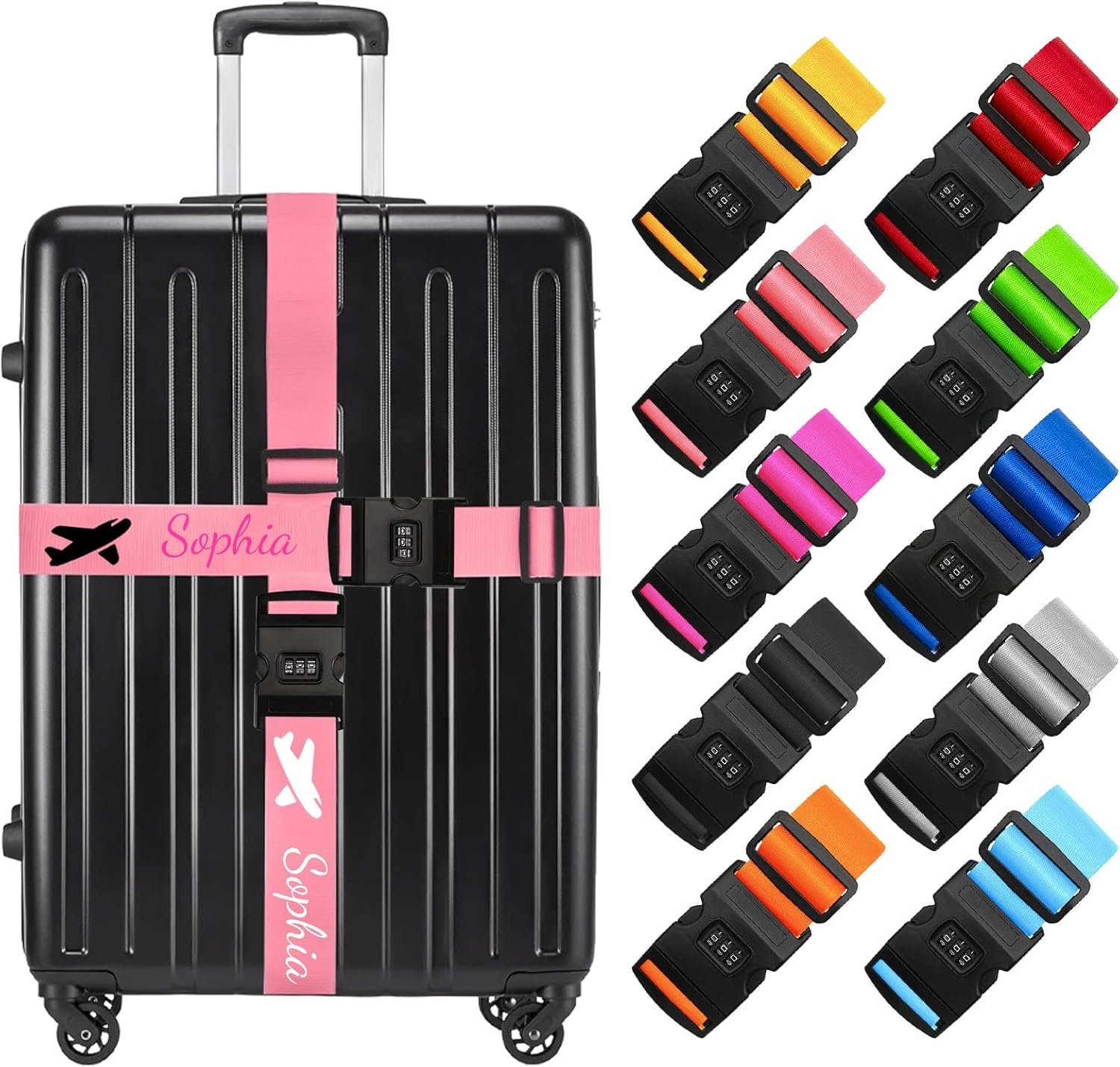 Personalised Luggage Straps for Suitcases, Suitcase Straps with Lock Travel Luggage Belt with Embroidered Name, Luggage Tag Suitcase Identifier, Case Strap for Suitcase (Combination Lock, 10-Pack)