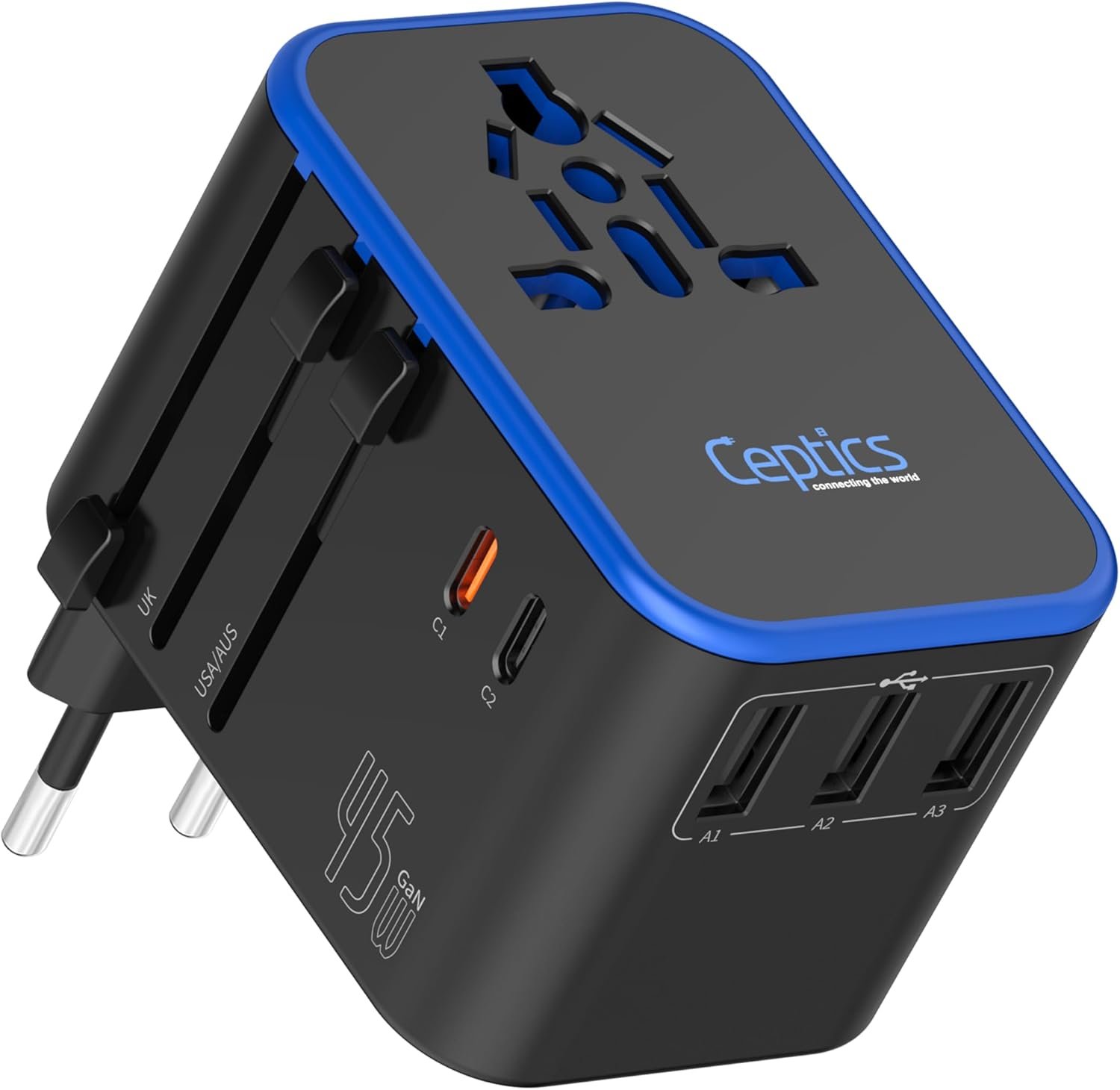 Ceptics Universal Travel Adapter, 35W International power adapter with PD & QC 3.0 Dual USB-C, 3 USB travel adapter worldwide, Type I C G A Outlets 110V 220V A/C – EU Euro US UK (11-KU)