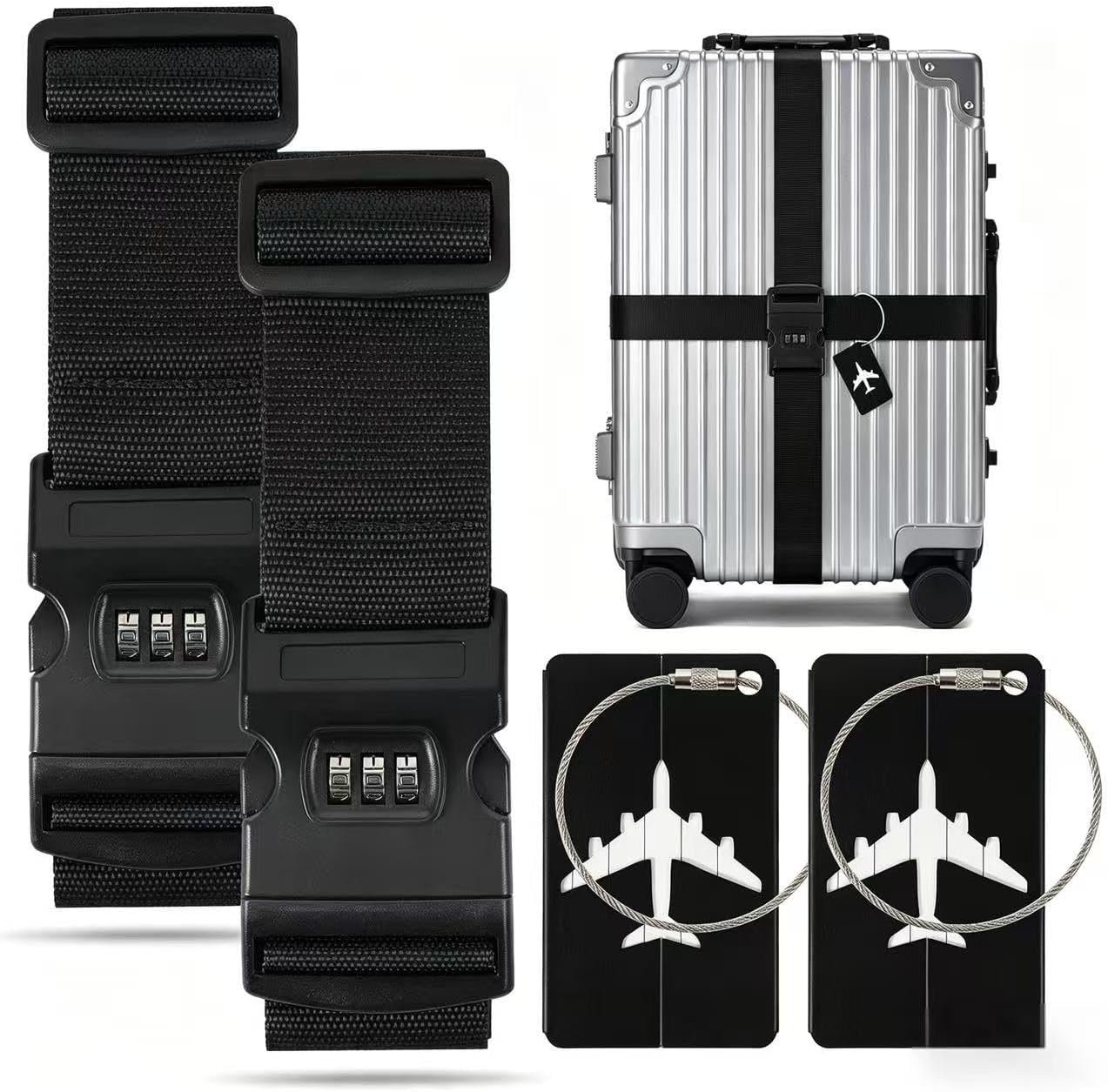 BILIONE 2 Pack Luggage Straps for Suitcases with Password Lock & Metal Tags, Adjustable Suitcase Belt & Travel Belt, Secure & Identify Luggage Connector Straps to Connect Two Bags 20-34 Inch (Black)