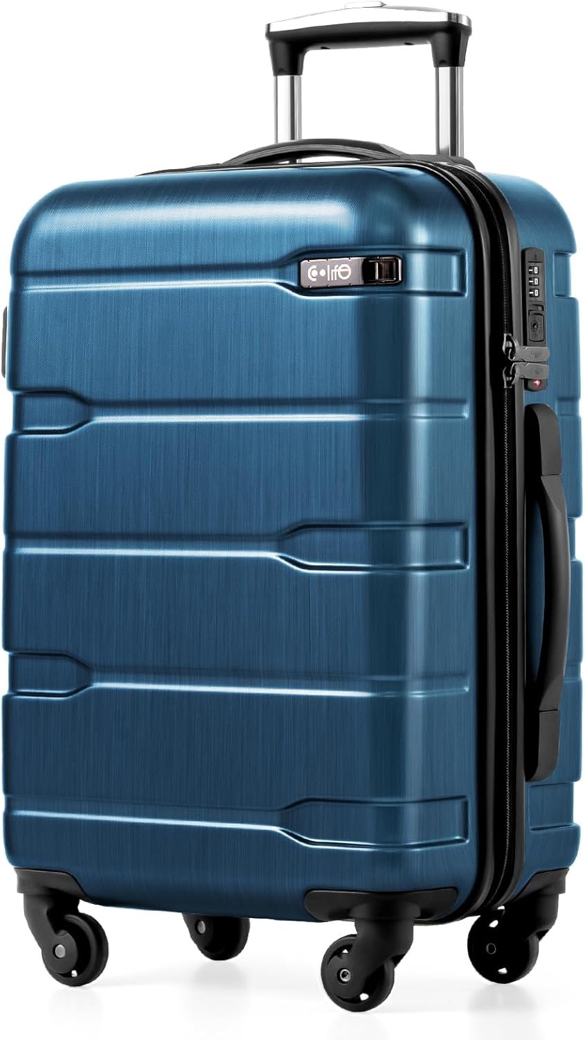 Coolife Carry On Luggage 22x14x9 Airline Approved Hardside PC+ABS Suitcase with TSA Lock, Lightweight Rolling Travel Luggage with Spinner Wheels(Caribbean Blue, 20in)