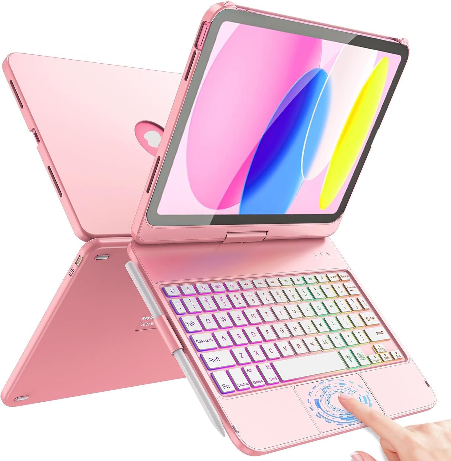 FUWANG Touch Keyboard Case for iPad (A16) 11th Generation 11 inch 2025&10th Gen 10.9 inch 2022, 360° Rotate for iPad 10th Generation Case with Keyboard, 7-Color Backlit, Multi-Touch Trackpad, Pink