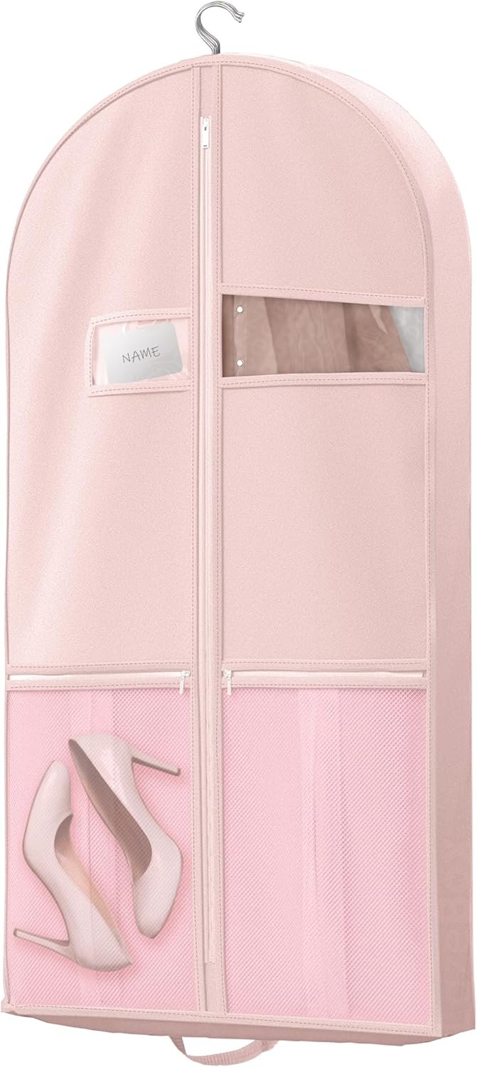 Lazebox 43″ Travel Garment Bag with Accessories Zipper Pocket, Heavy Duty Suit Bag for Suits, Tuxedos, Dresses, Coats, Pink, 1 pack