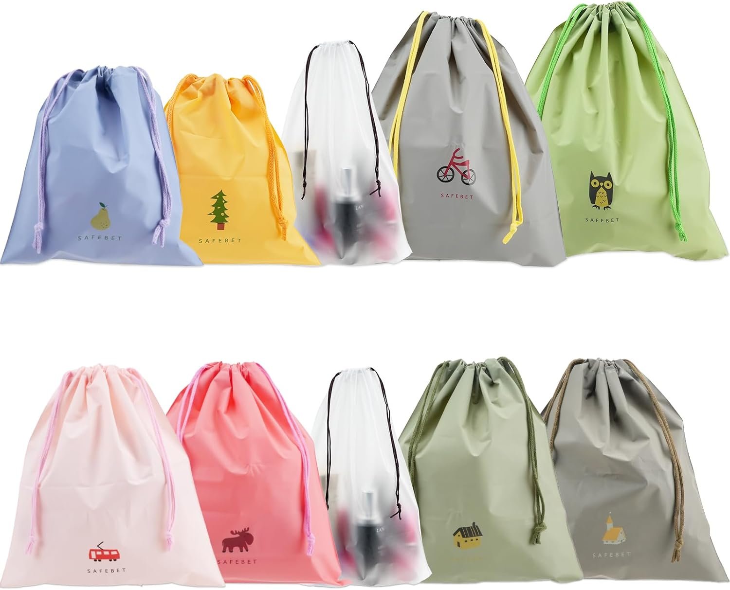 10PCS Waterproof Drawstring Bag, 8 Colorful Travel Storage Bags & 2 Clear Bags, Portable Plastic Travel Organize Pouch for Swimming Gym Pool Beach Sports Wet Cloth Shoes