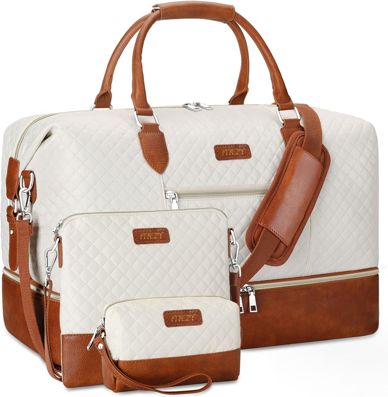 ITIEZY Weekender Overnight Bag for Women – Large Travel Duffel Bag with Shoe Compartment, Gym Duffel Bag Hospital Bag Carry On Tote Bags for Airplanes with Crossbody Bag Toiletry Bag 3Pcs Set