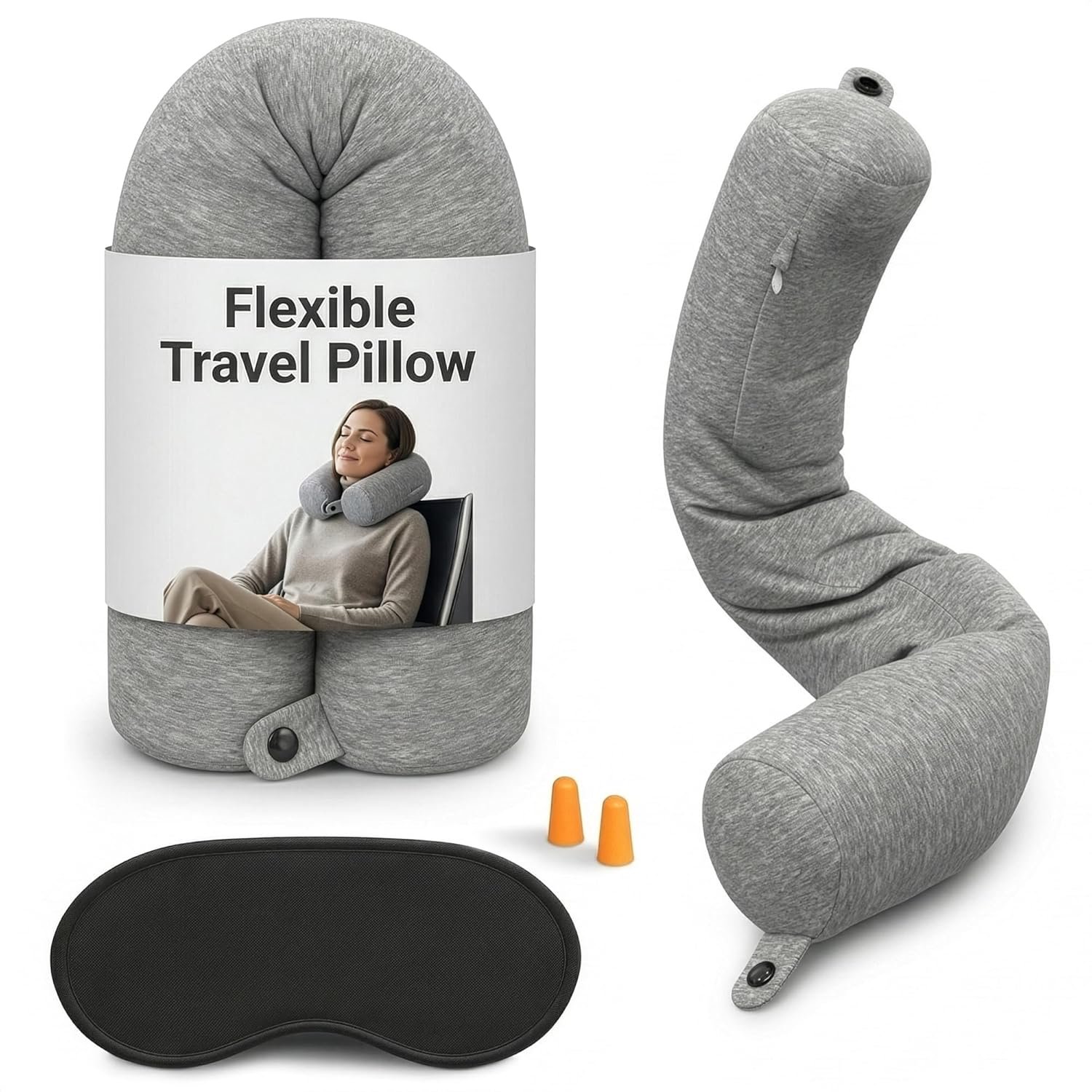Twist Memory Foam Neck Pillow Travel Airplane, Car & Train – Adjustable & Bendable Airplane Pillow for Long Flight, Breathable, Washable Cotton Cover, Eye Mask & Earplugs | Neck, Chin & Lumbar Support