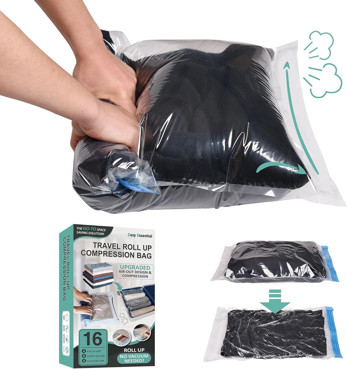 Cozy Essential Compression Bags for Travel – Travel Essentials – 16 Pack Space Saver Bags – No Vacuum Needed – Compression Packing Bags for Cruise Accessories