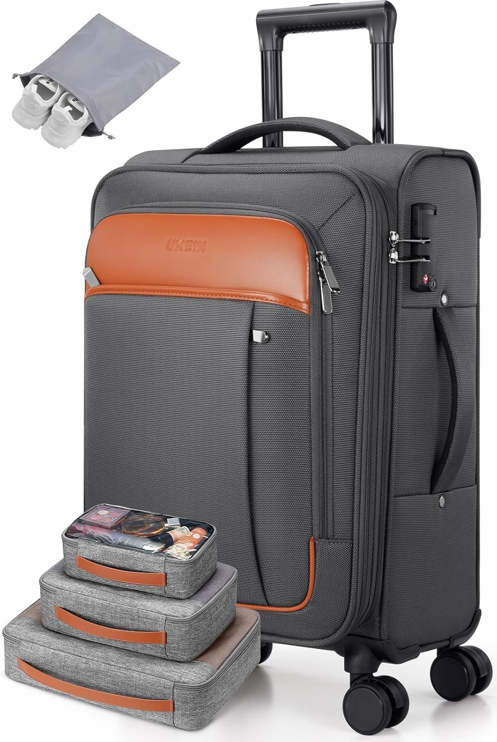 UKEIN Expandable Carry On Luggage 22x14x9 Airline Approved, 20Inch Softside Carry On Suitcase with Wheels & TSA Lock, Travel Suitcase with 4-Piece Packing Bags for Women Men (Grey, Carry on （20in）)