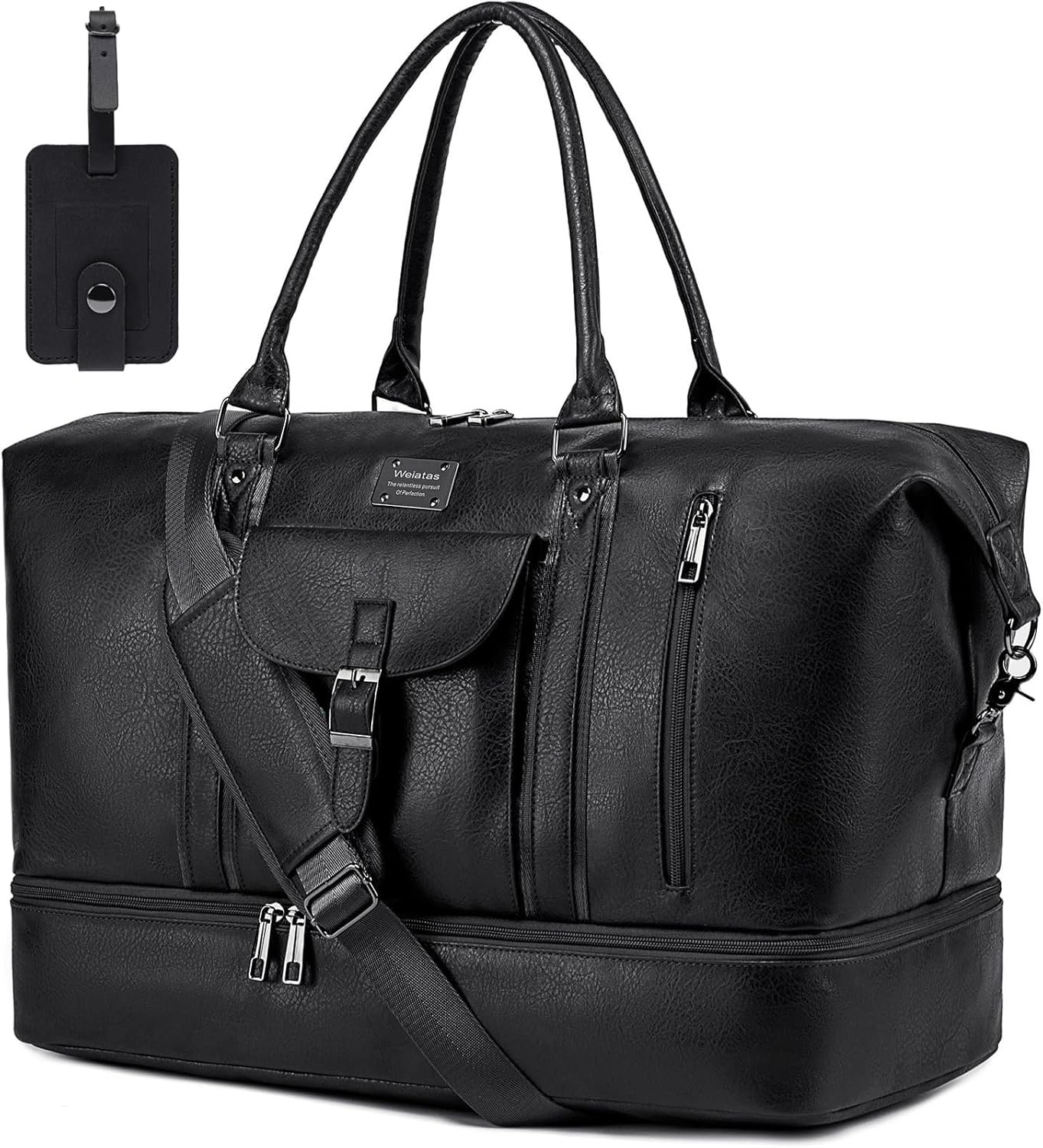weiatas Faux Leather Travel Duffel Bag for Women Men, Large Weekender Overnight Bag with Shoes Compartment, Waterproof Carry On Bag Travel Tote Bag Gym Bag with Luggage Strap (Black)