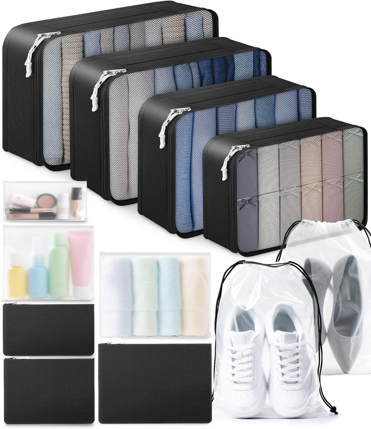 ALL INCLUDED – 12 Set Packing Cubes for Suitcases Carry On, Travel Essentials/Accessories Luggage Organizer Bags Set, Includes Cubes, Shoes Bag, Matte Cosmetic Bag, Zipper Bags