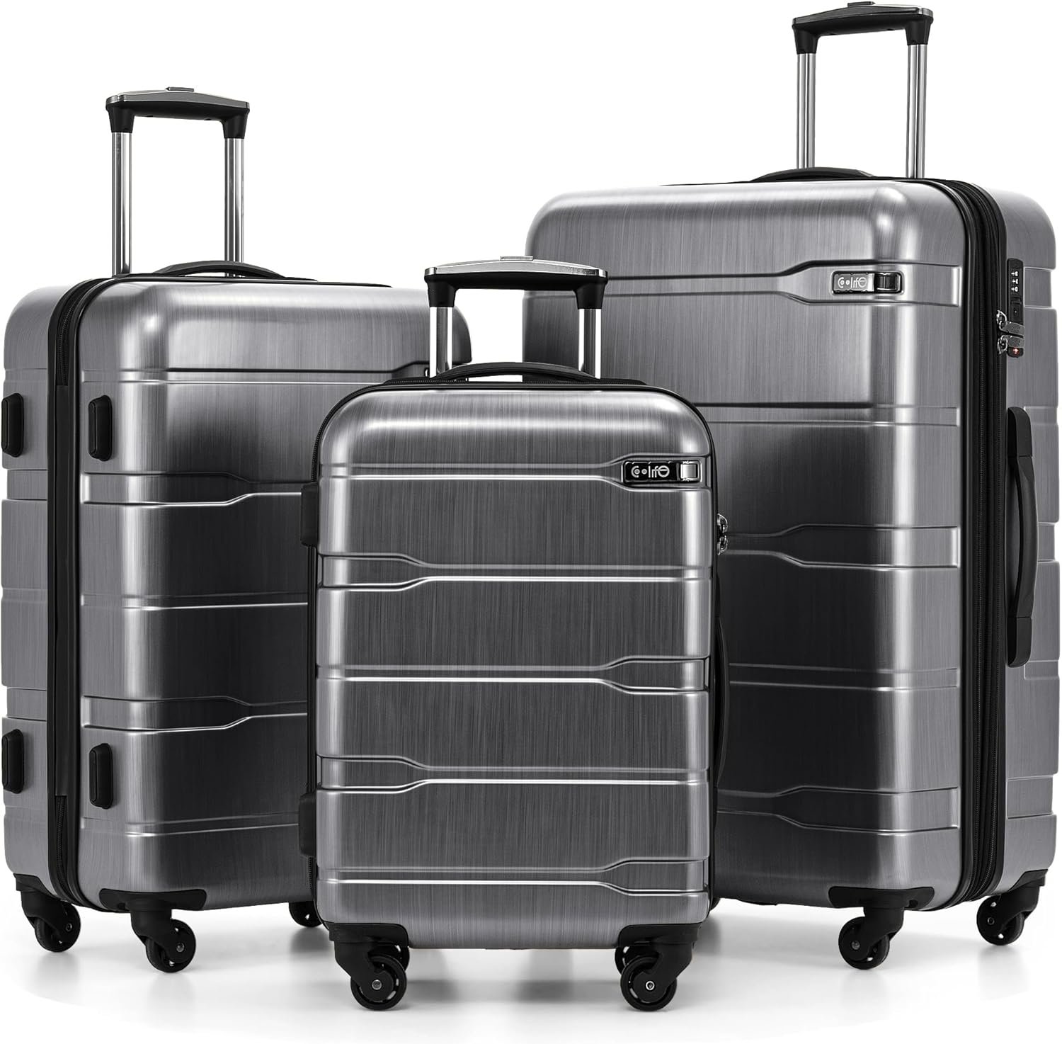 Coolife Luggage Set 3 Piece Hardside PC+ABS Suitcase with TSA Lock, Expandable Large Checked Luggage, Lightweight Rolling Carry On with Spinner Wheels(20/24/28 Inch, Charcoal)