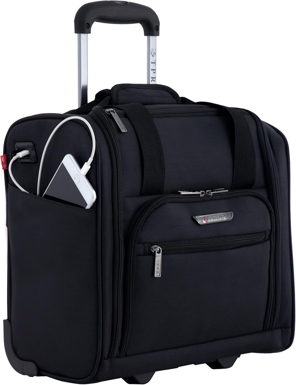 TPRC 15” Underseat Carry-On Luggage Airline Approved Personal Item with USB Charging Port, Black